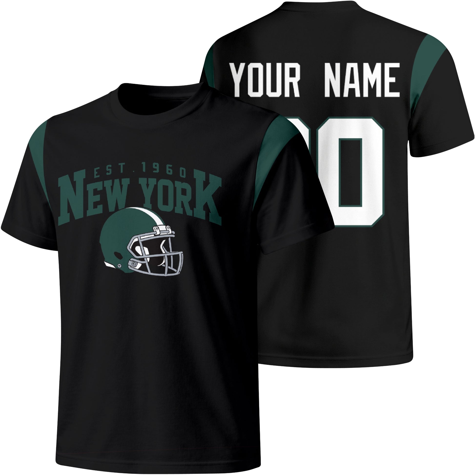 New York Green personalized varsity football T shirt in Black showing front helmet design and back custom name and number