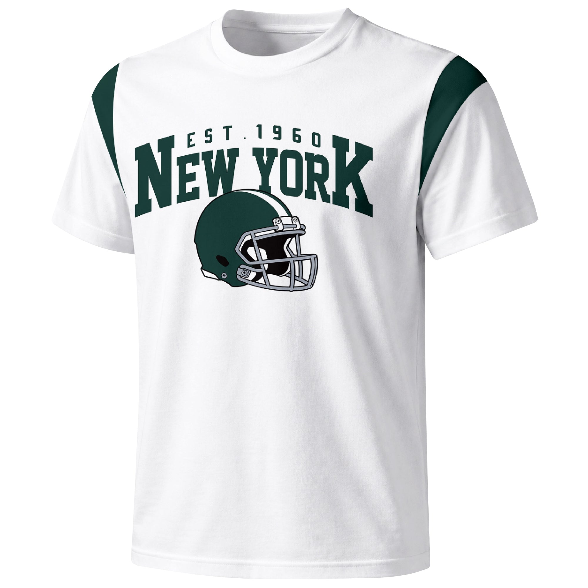 New York Green varsity football T shirt in White showing the front city helmet design and contrast shoulder panels