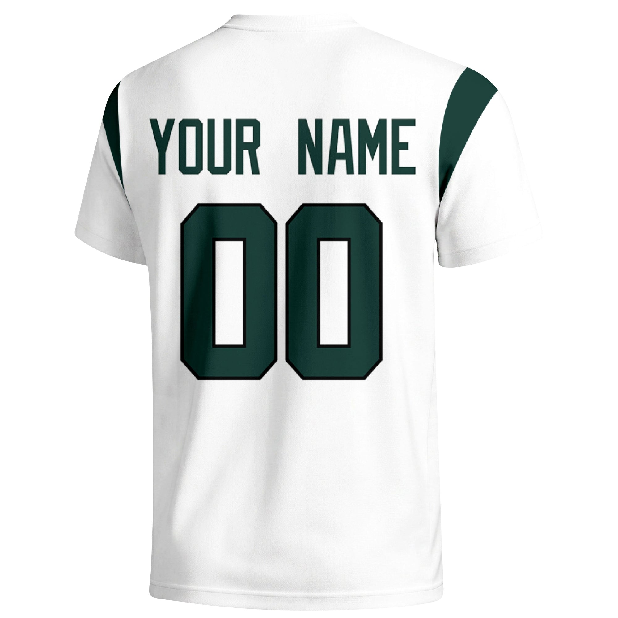 New York Green personalized varsity football T shirt in White showing the back custom name and number