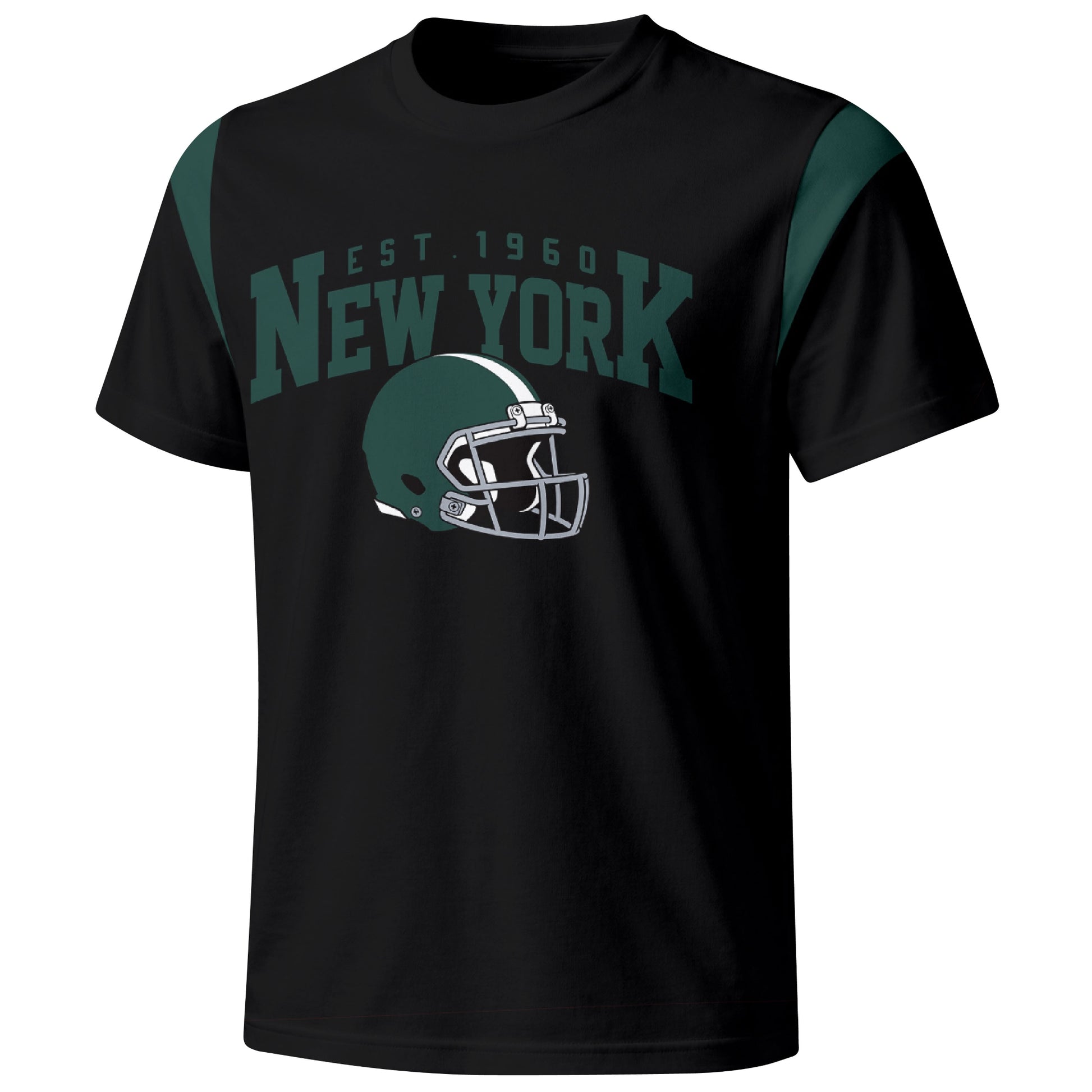 New York Green varsity football T shirt in Black showing the front city helmet design and contrast shoulder panels