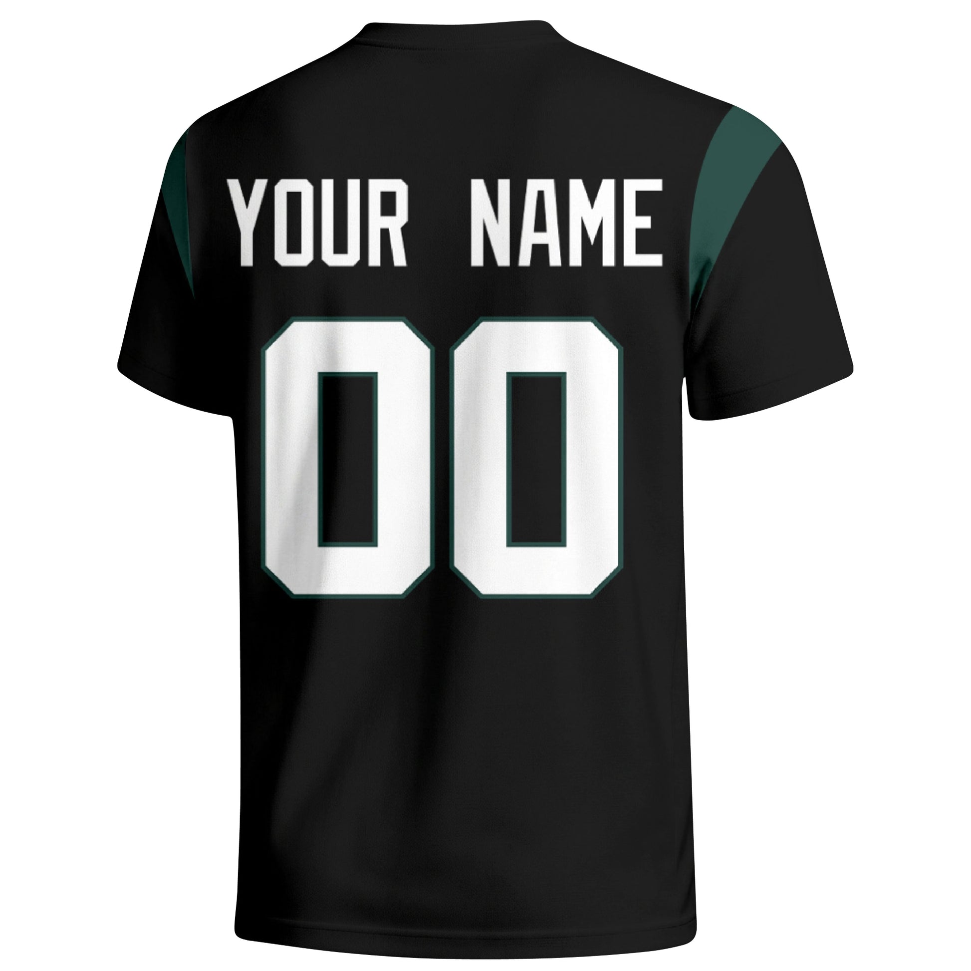 New York Green personalized varsity football T shirt in Black showing the back custom name and number