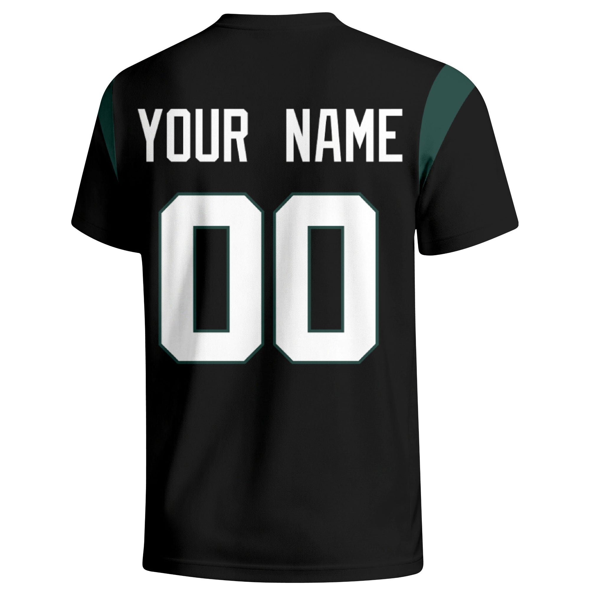 New York Green personalized varsity football T shirt in Black showing the back custom name and number
