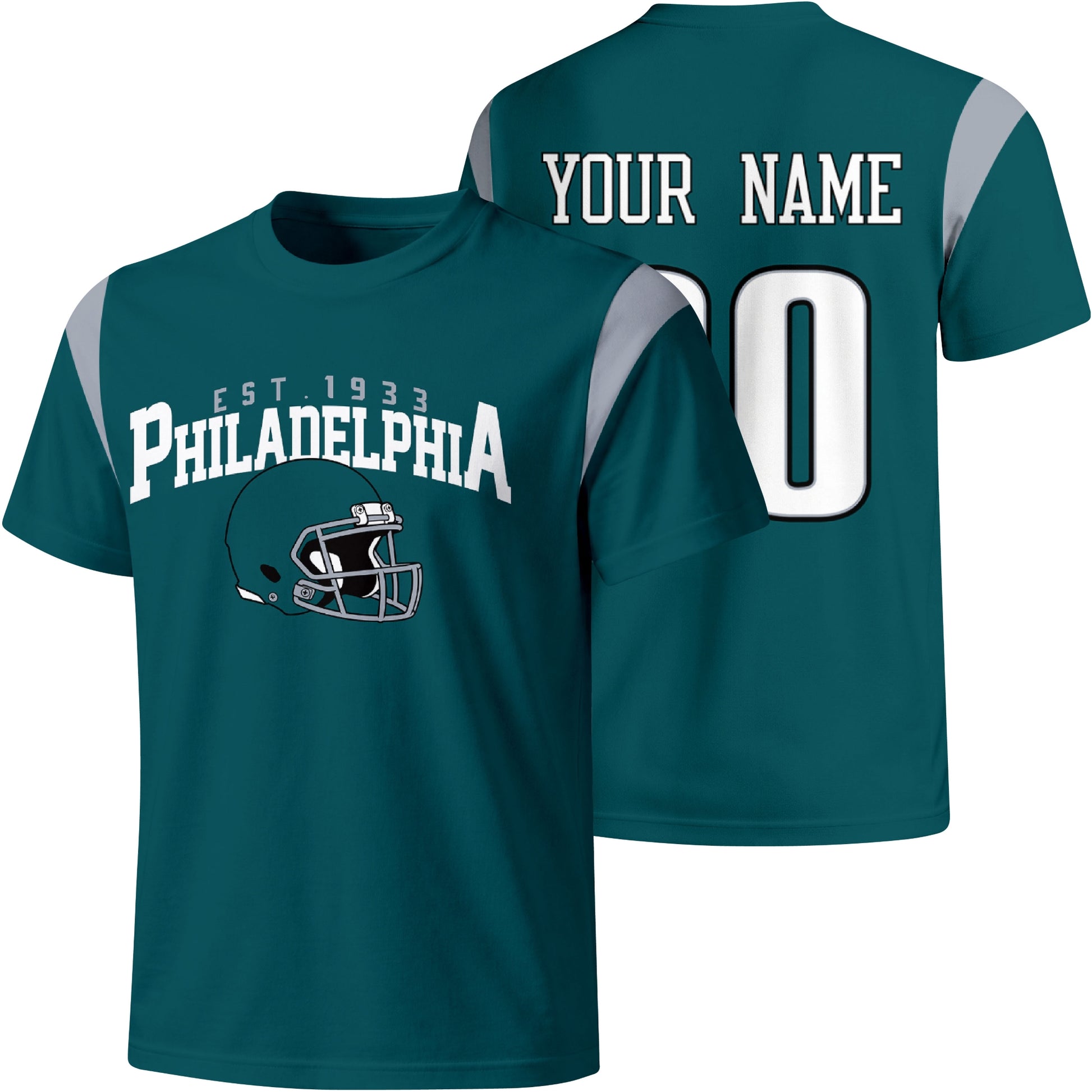 Philadelphia personalized varsity football T shirt in Midnight Green showing front helmet design and back custom name and number
