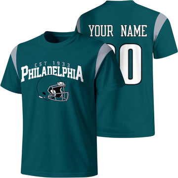 Philadelphia personalized varsity football T shirt in Midnight Green showing front helmet design and back custom name and number