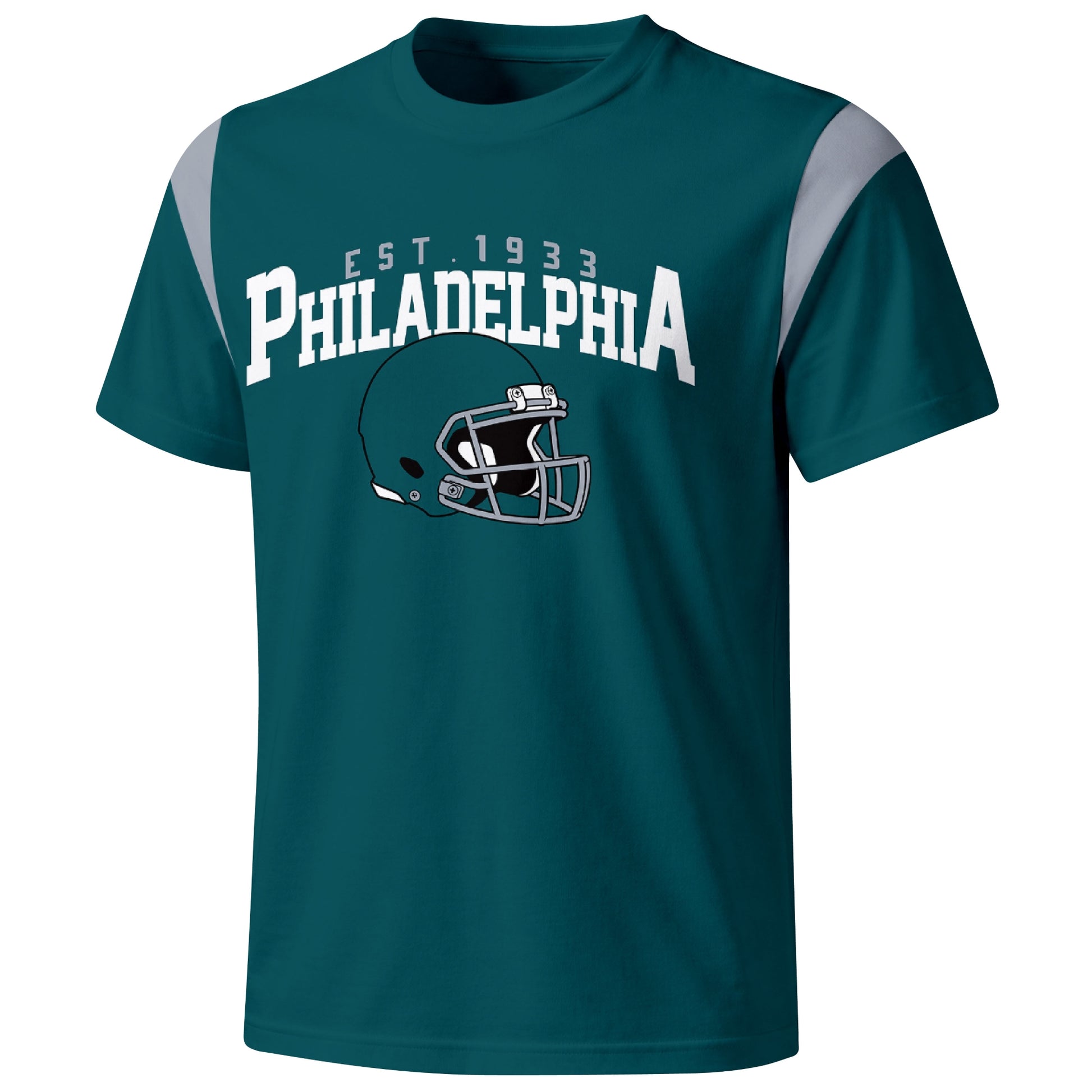 Philadelphia varsity football T shirt in Midnight Green showing the front city helmet design and contrast shoulder panels