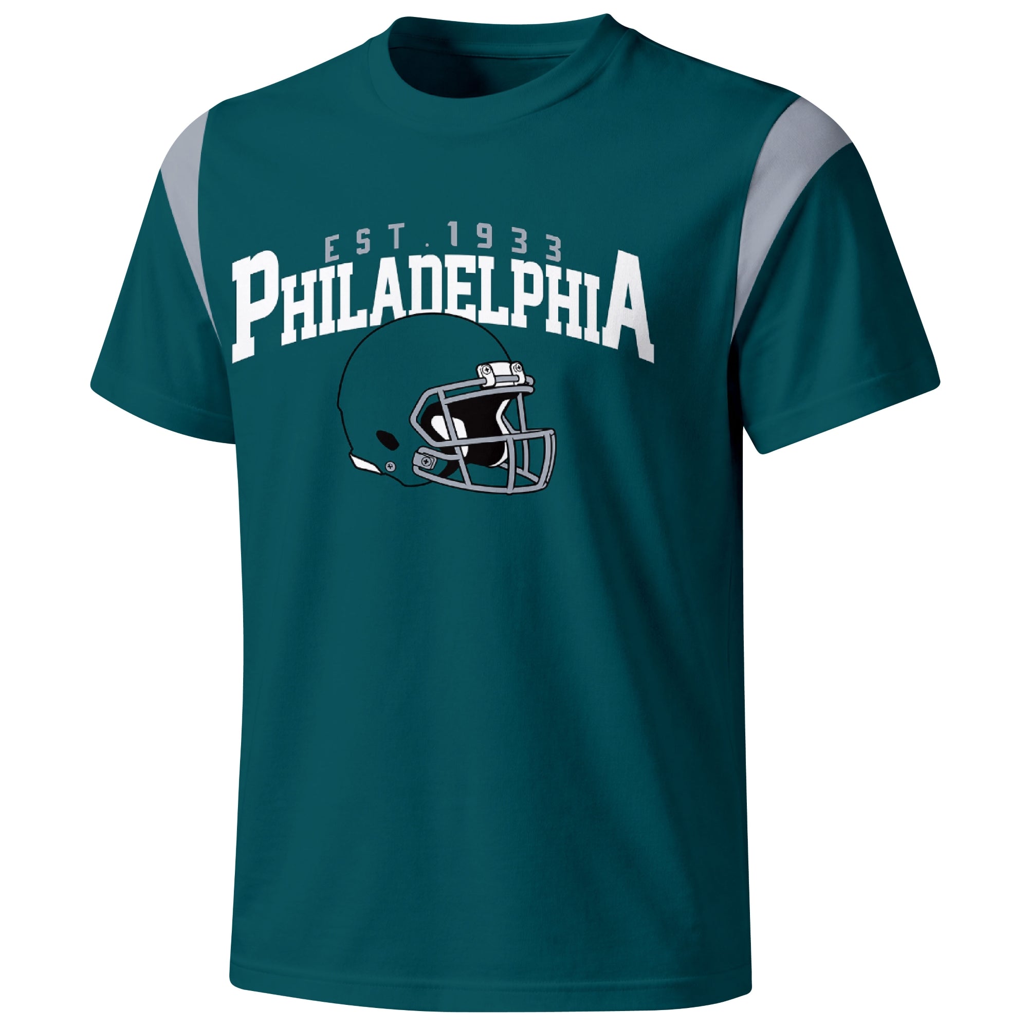 Philadelphia varsity football T shirt in Midnight Green showing the front city helmet design and contrast shoulder panels