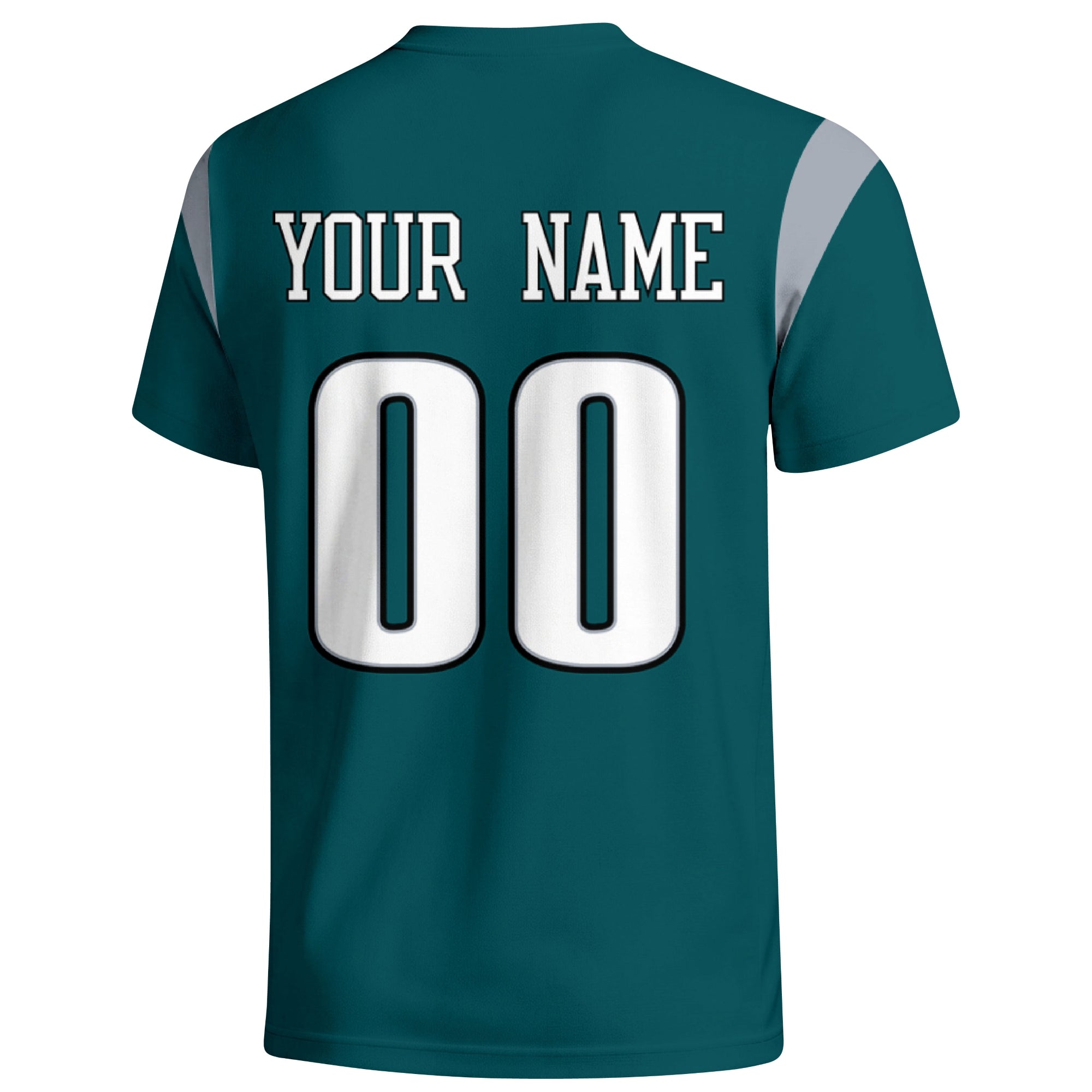 Philadelphia personalized varsity football T shirt in Midnight Green showing the back custom name and number