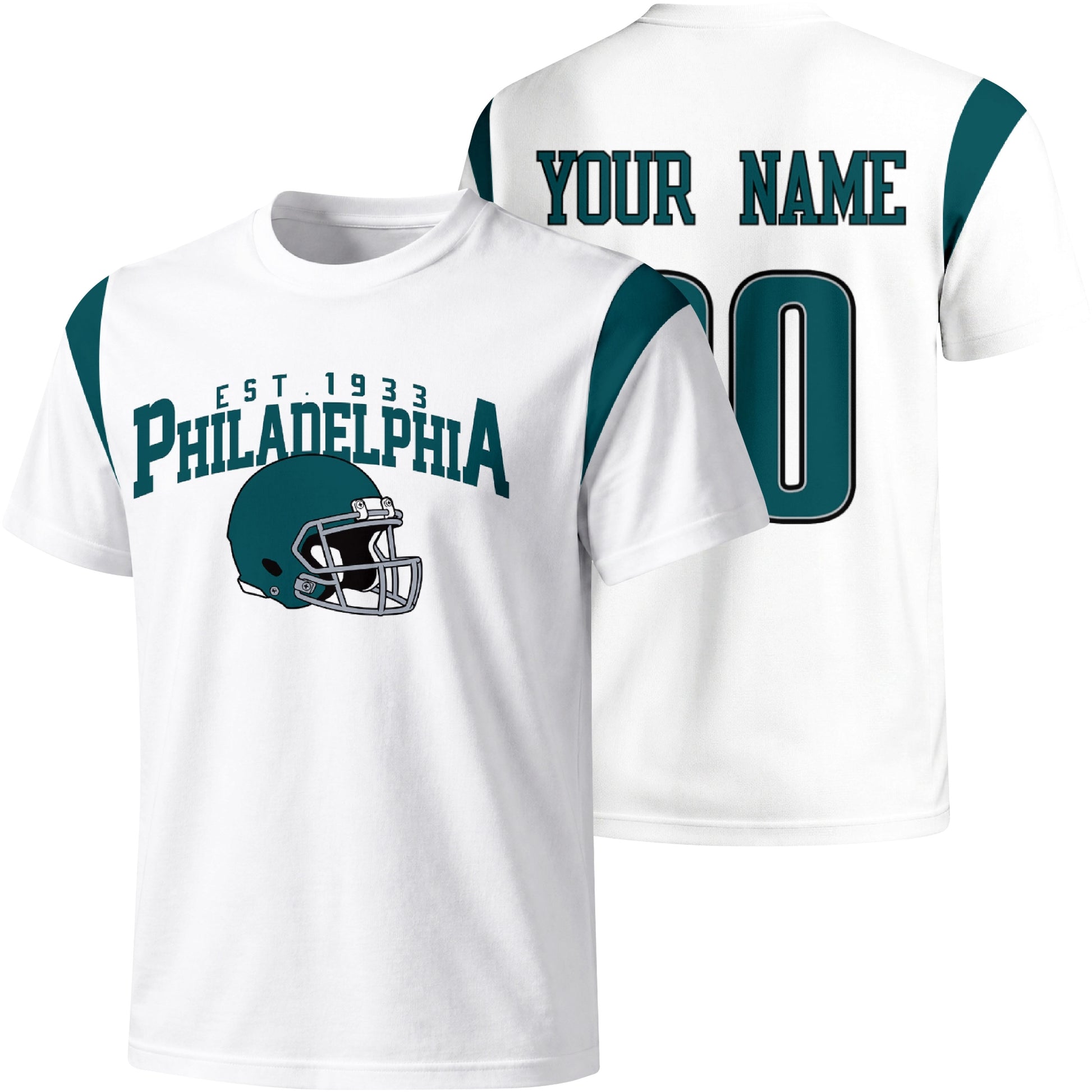 Philadelphia personalized varsity football T shirt in White showing front helmet design and back custom name and number