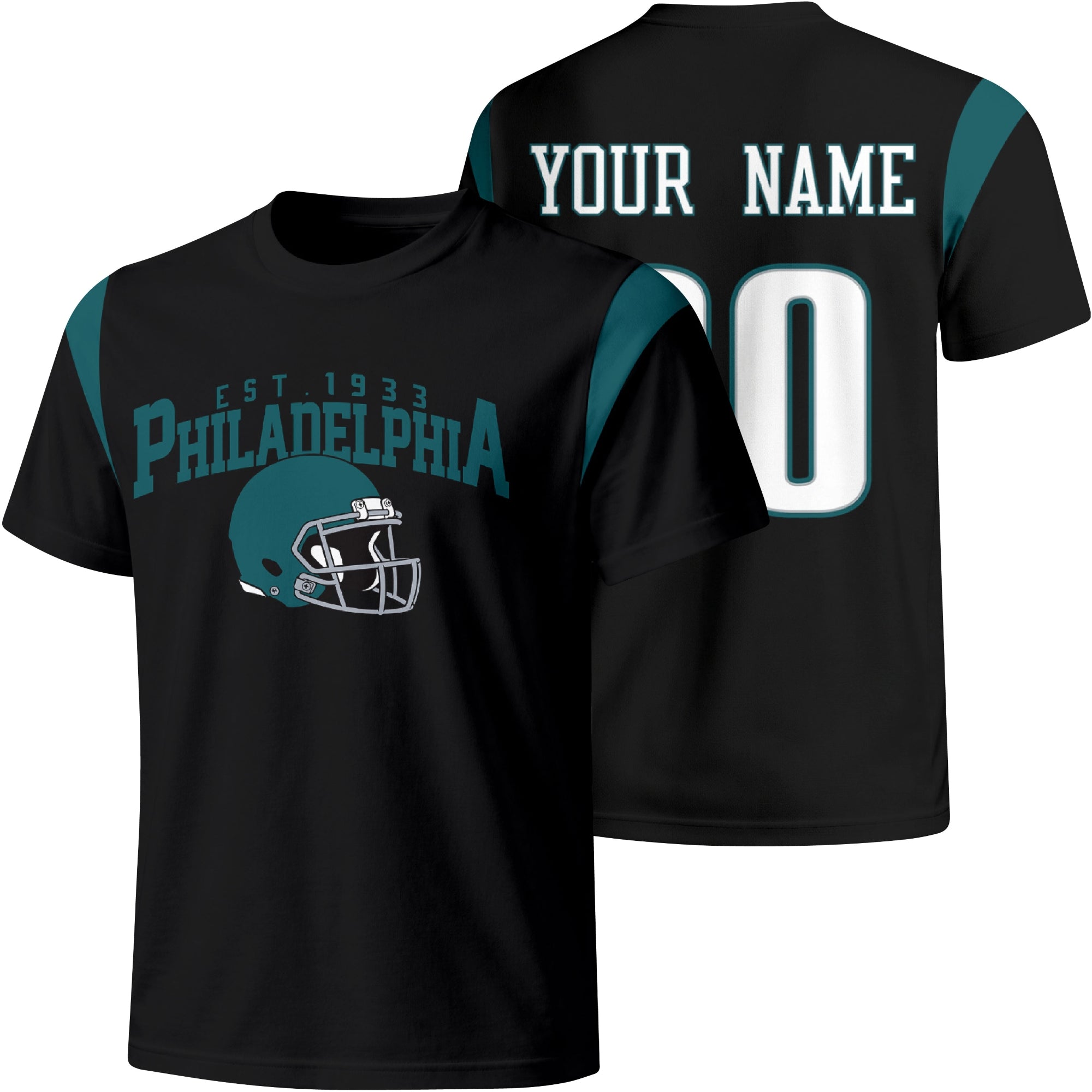 Philadelphia personalized varsity football T shirt in Black showing front helmet design and back custom name and number