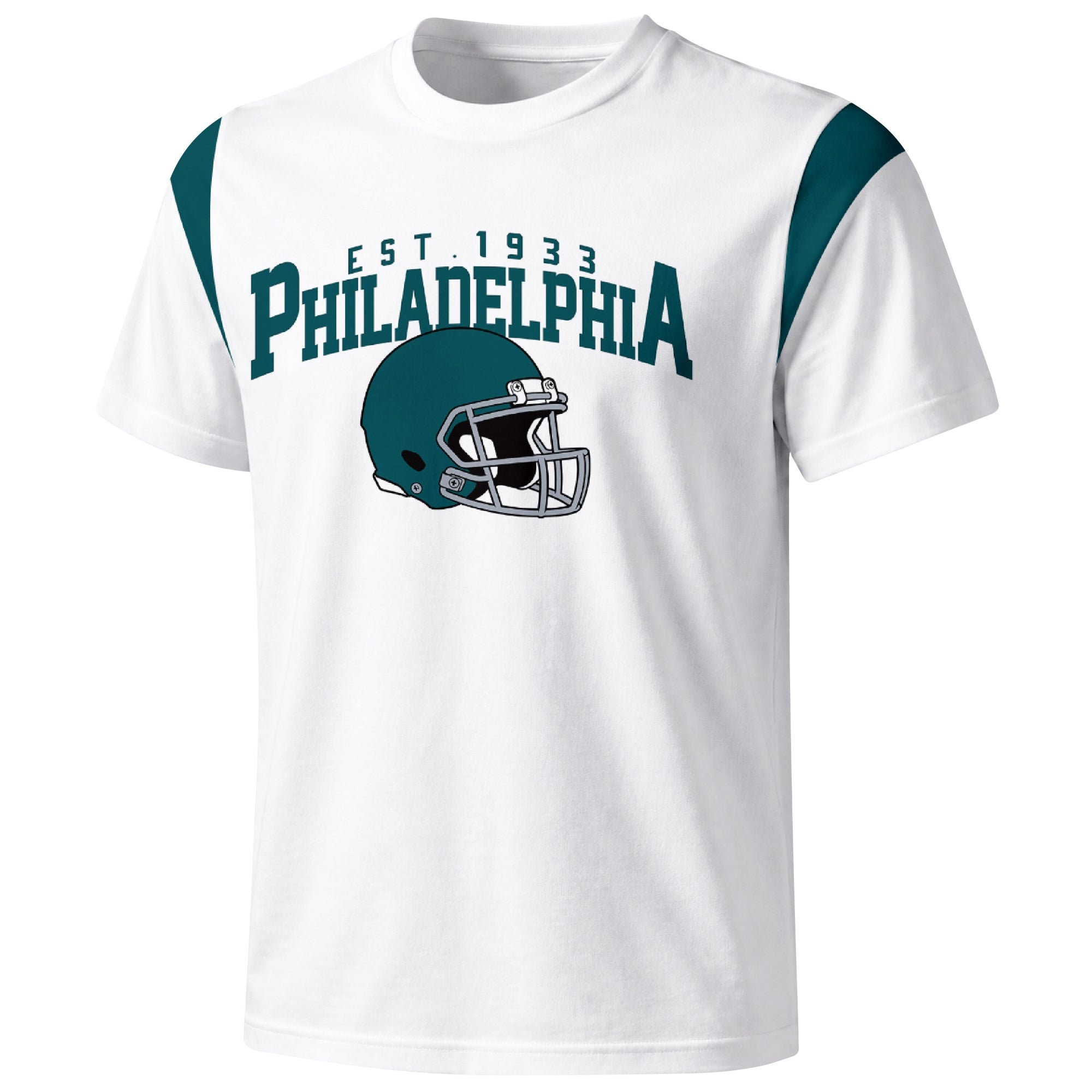 Philadelphia varsity football T shirt in White showing the front city helmet design and contrast shoulder panels