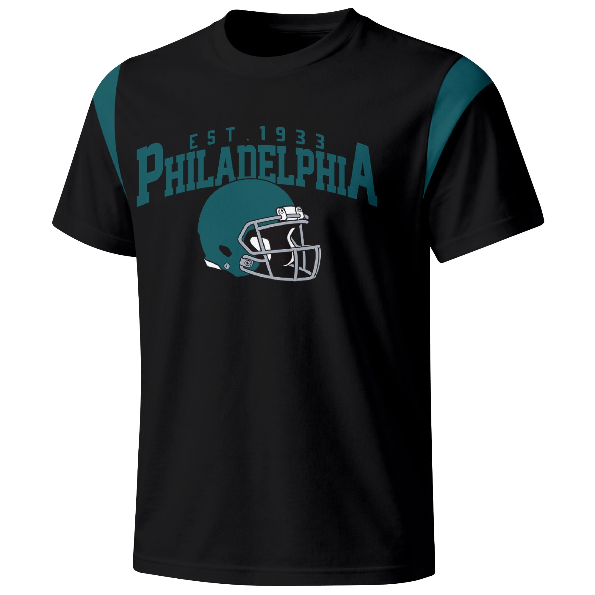 Philadelphia varsity football T shirt in Black showing the front city helmet design and contrast shoulder panels