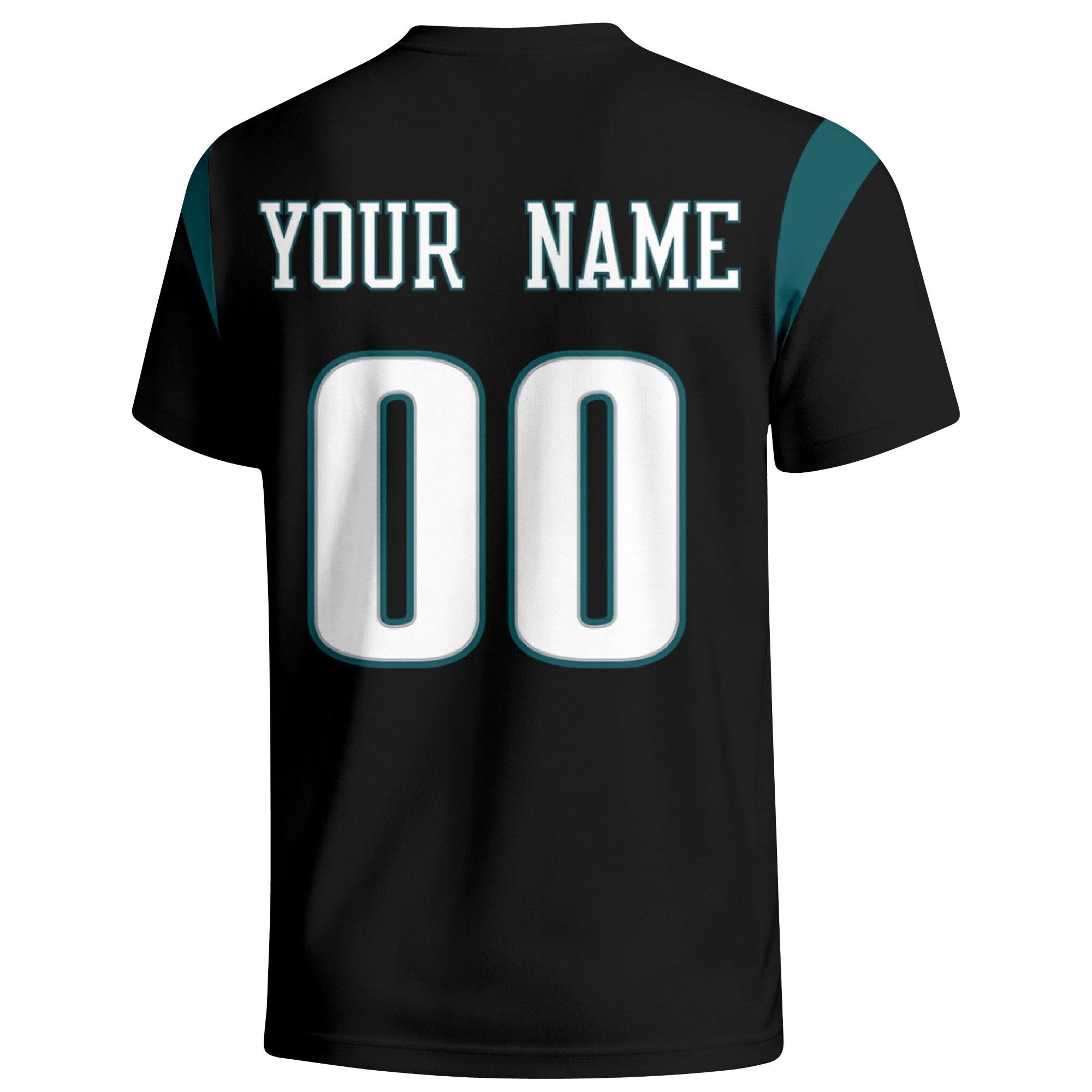 Philadelphia personalized varsity football T shirt in Black showing the back custom name and number