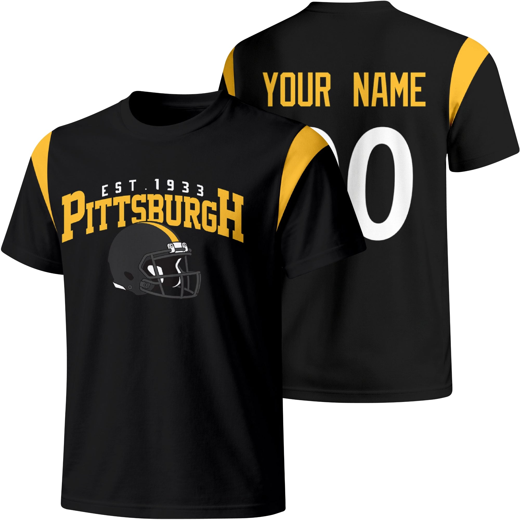 Pittsburgh personalized varsity football T shirt in Black showing front helmet design and back custom name and number