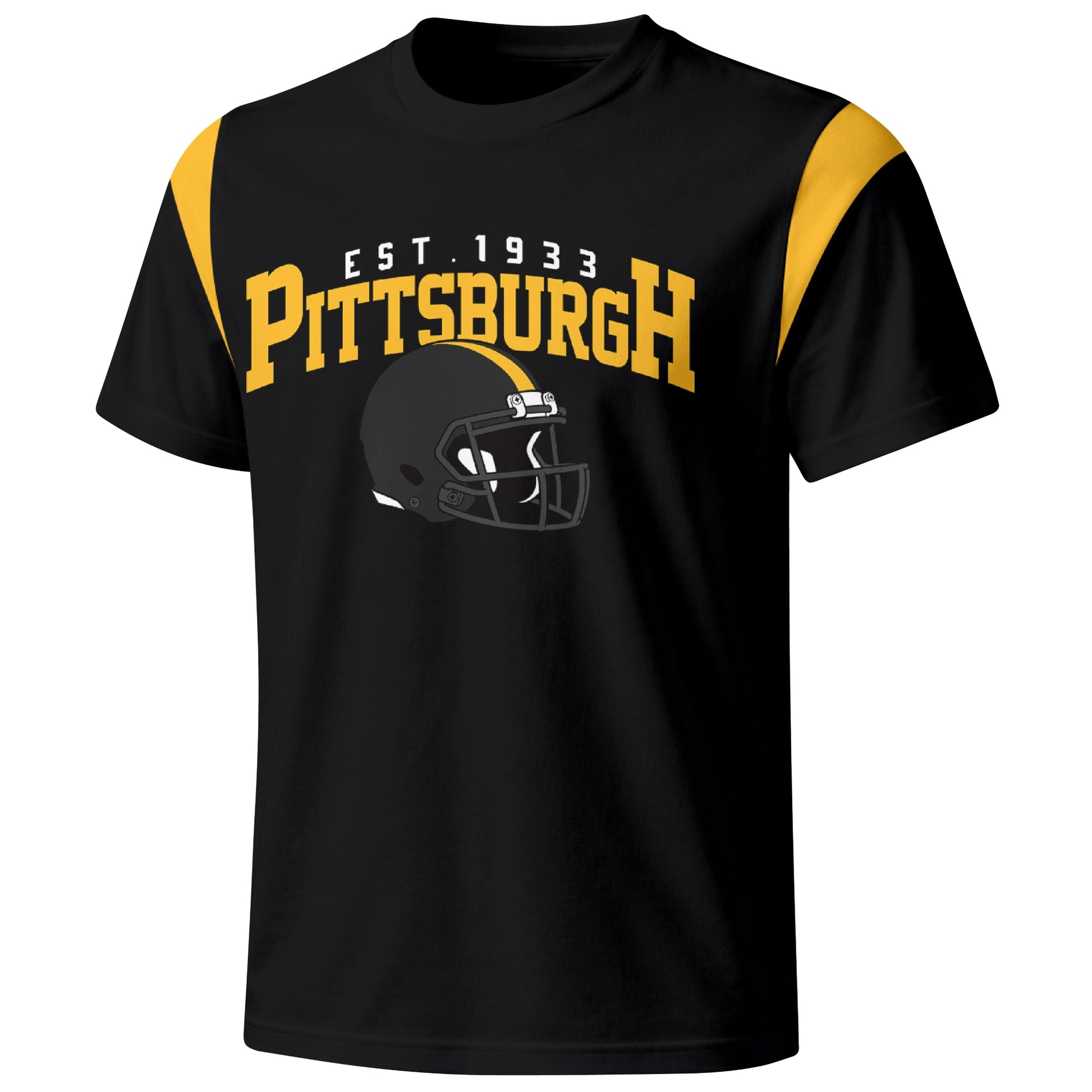 Pittsburgh varsity football T shirt in Black showing the front city helmet design and contrast shoulder panels
