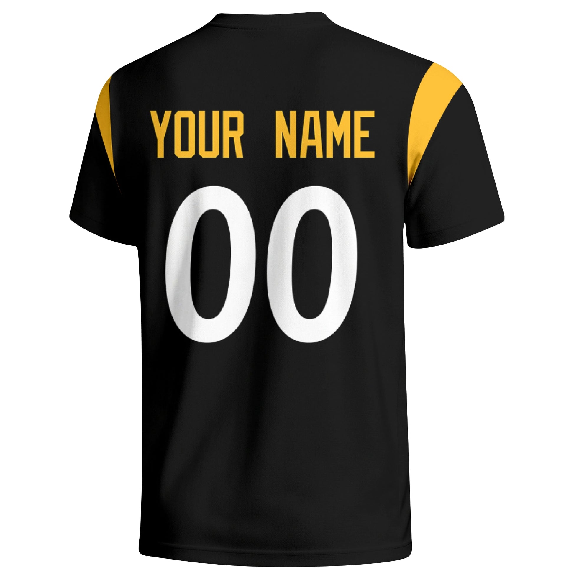 Pittsburgh personalized varsity football T shirt in Black showing the back custom name and number