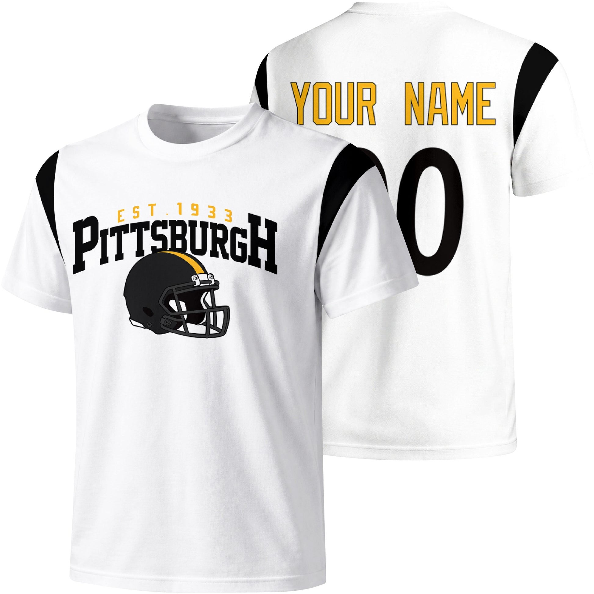 Pittsburgh personalized varsity football T shirt in White showing front helmet design and back custom name and number