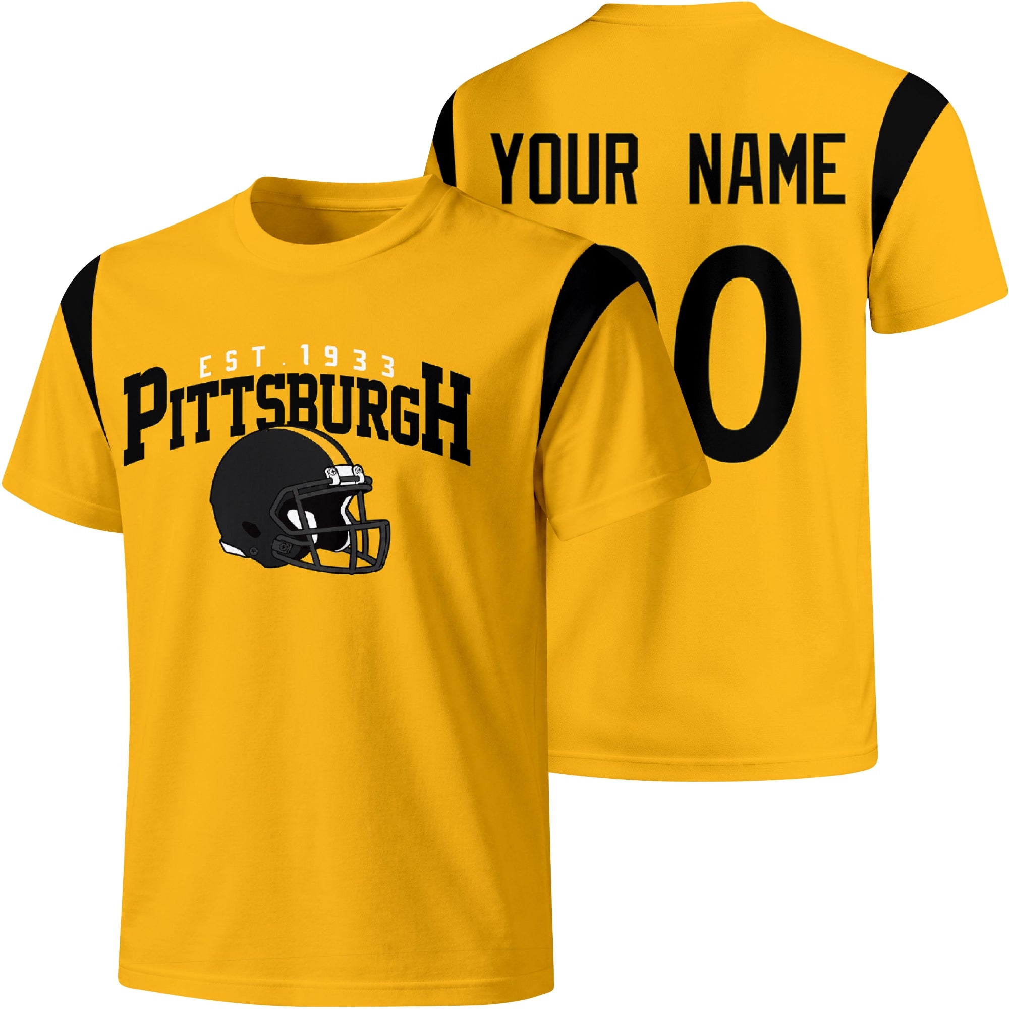 Pittsburgh personalized varsity football T shirt in Gold showing front helmet design and back custom name and number
