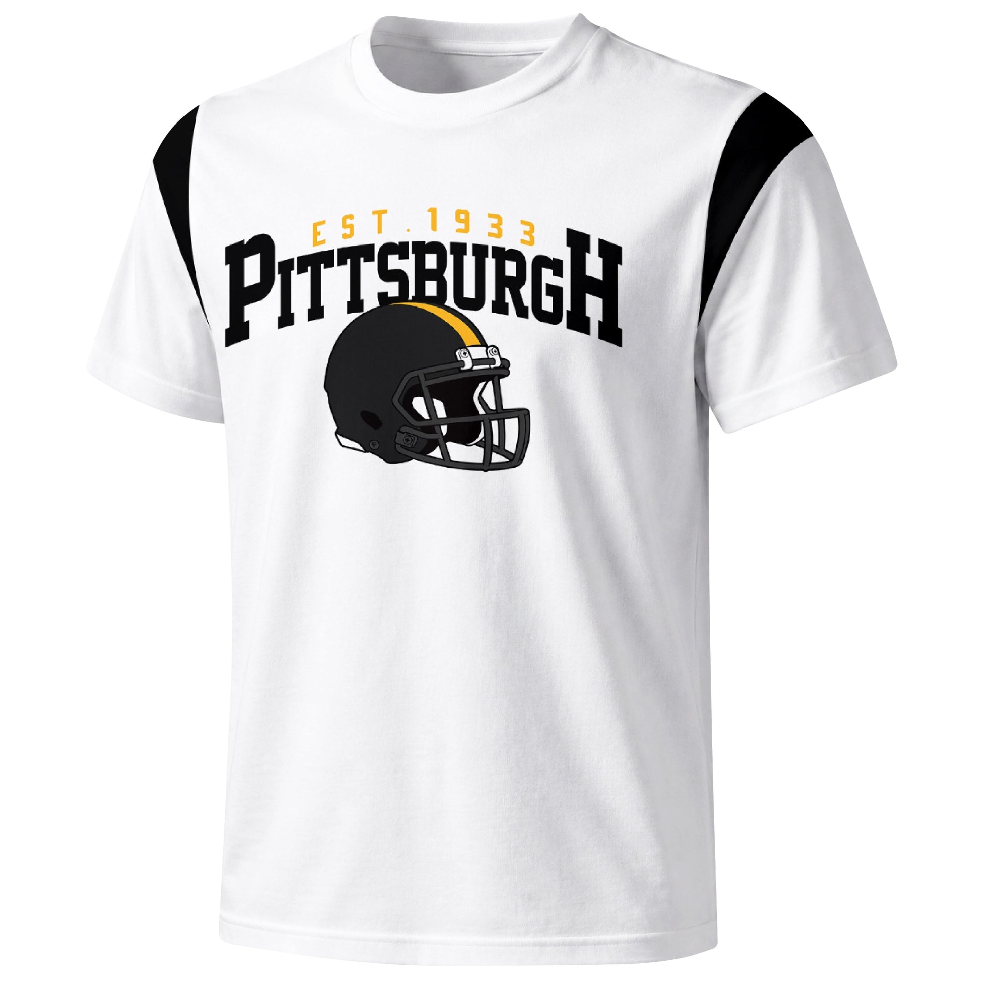 Pittsburgh varsity football T shirt in White showing the front city helmet design and contrast shoulder panels