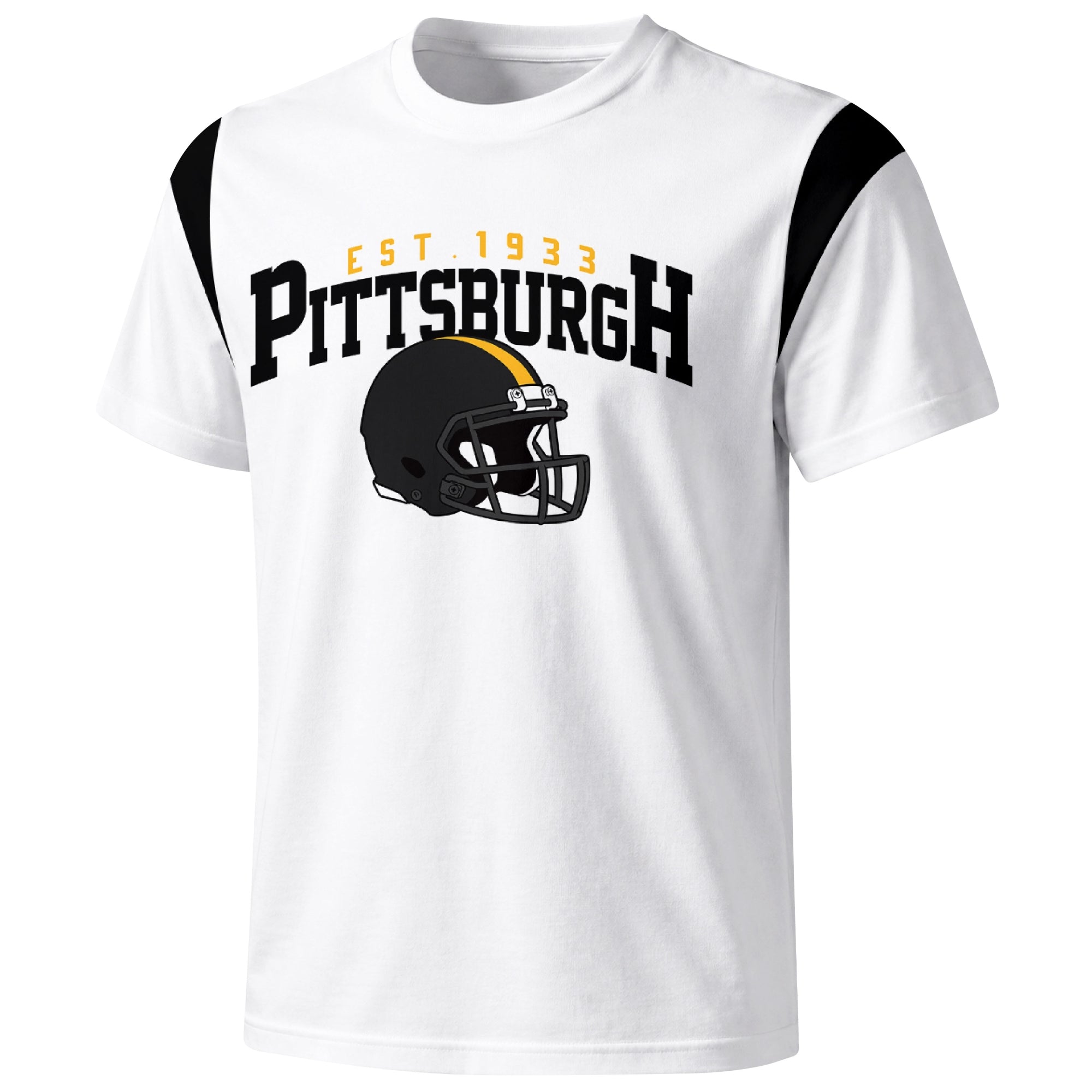 Pittsburgh varsity football T shirt in White showing the front city helmet design and contrast shoulder panels