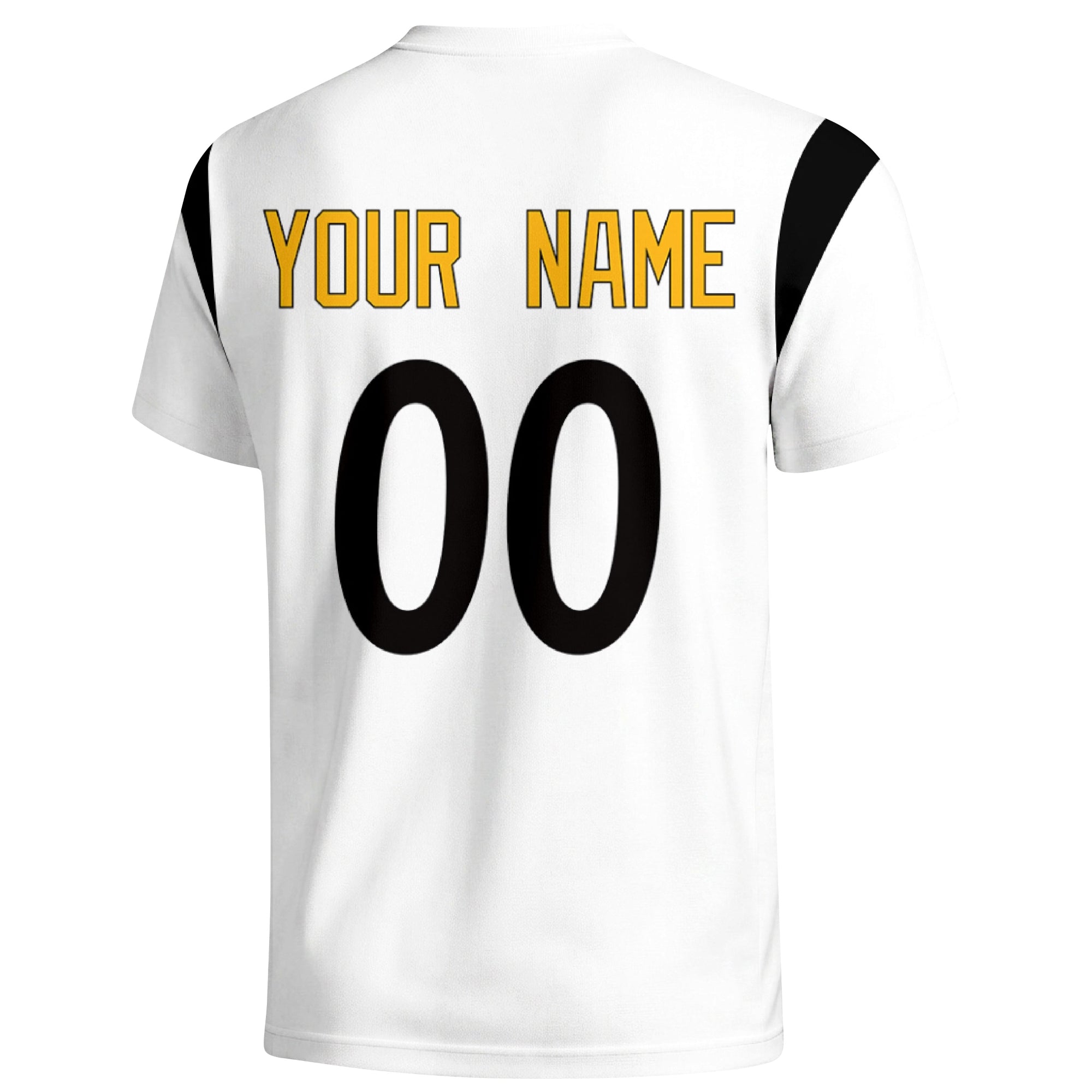 Pittsburgh personalized varsity football T shirt in White showing the back custom name and number