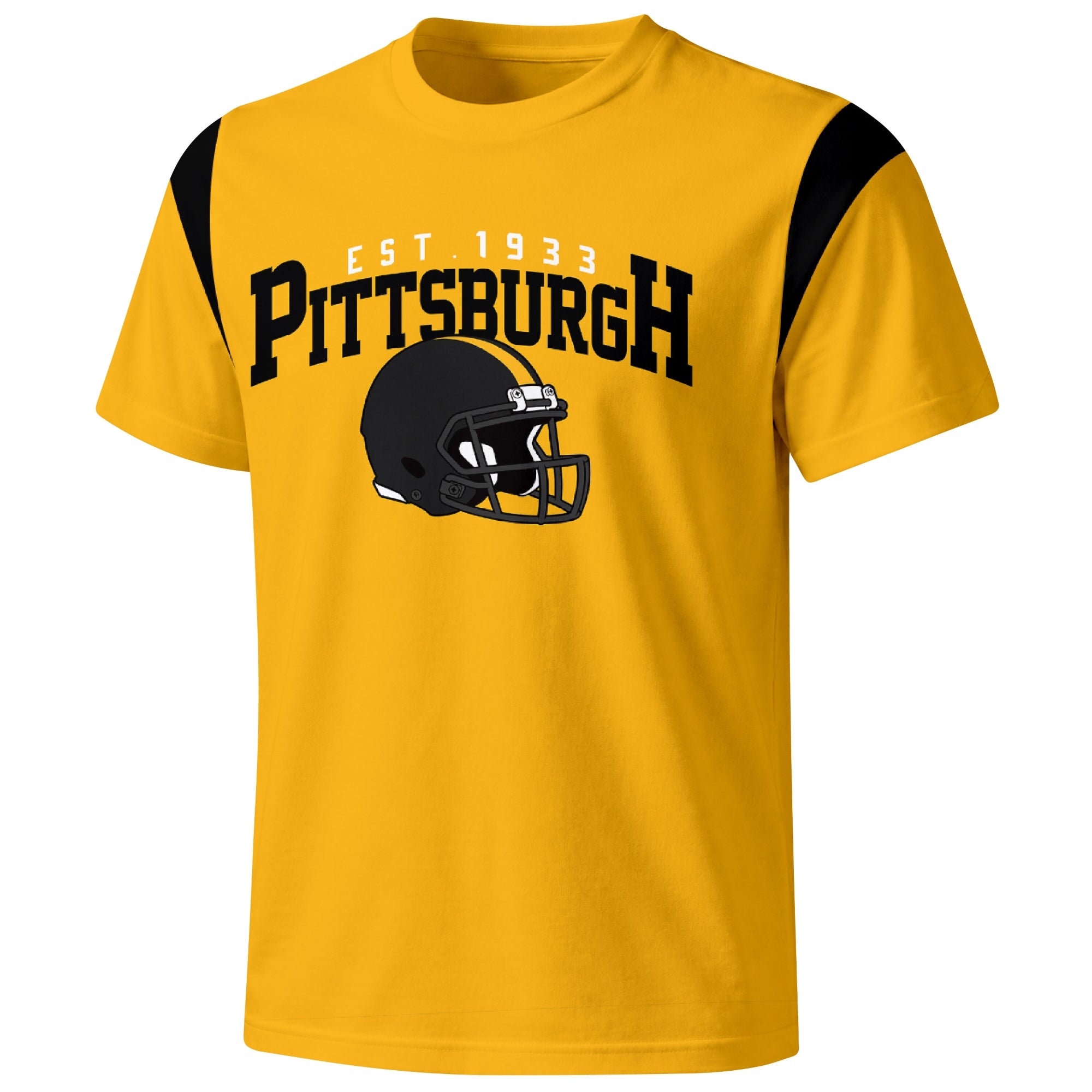Pittsburgh varsity football T shirt in Gold showing the front city helmet design and contrast shoulder panels