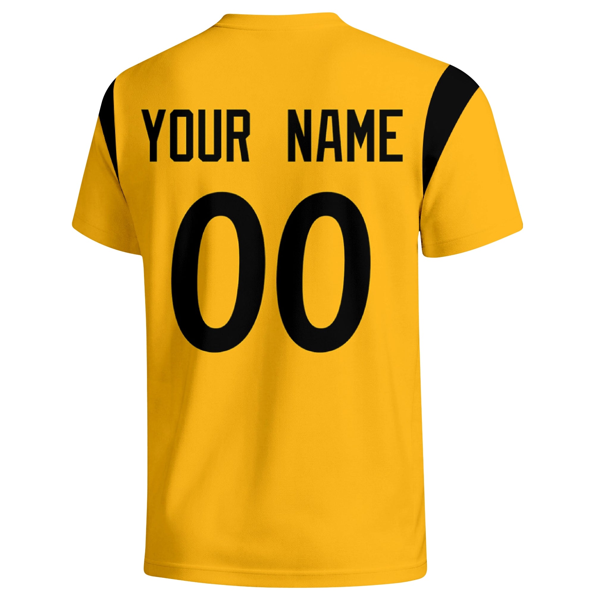 Pittsburgh personalized varsity football T shirt in Gold showing the back custom name and number