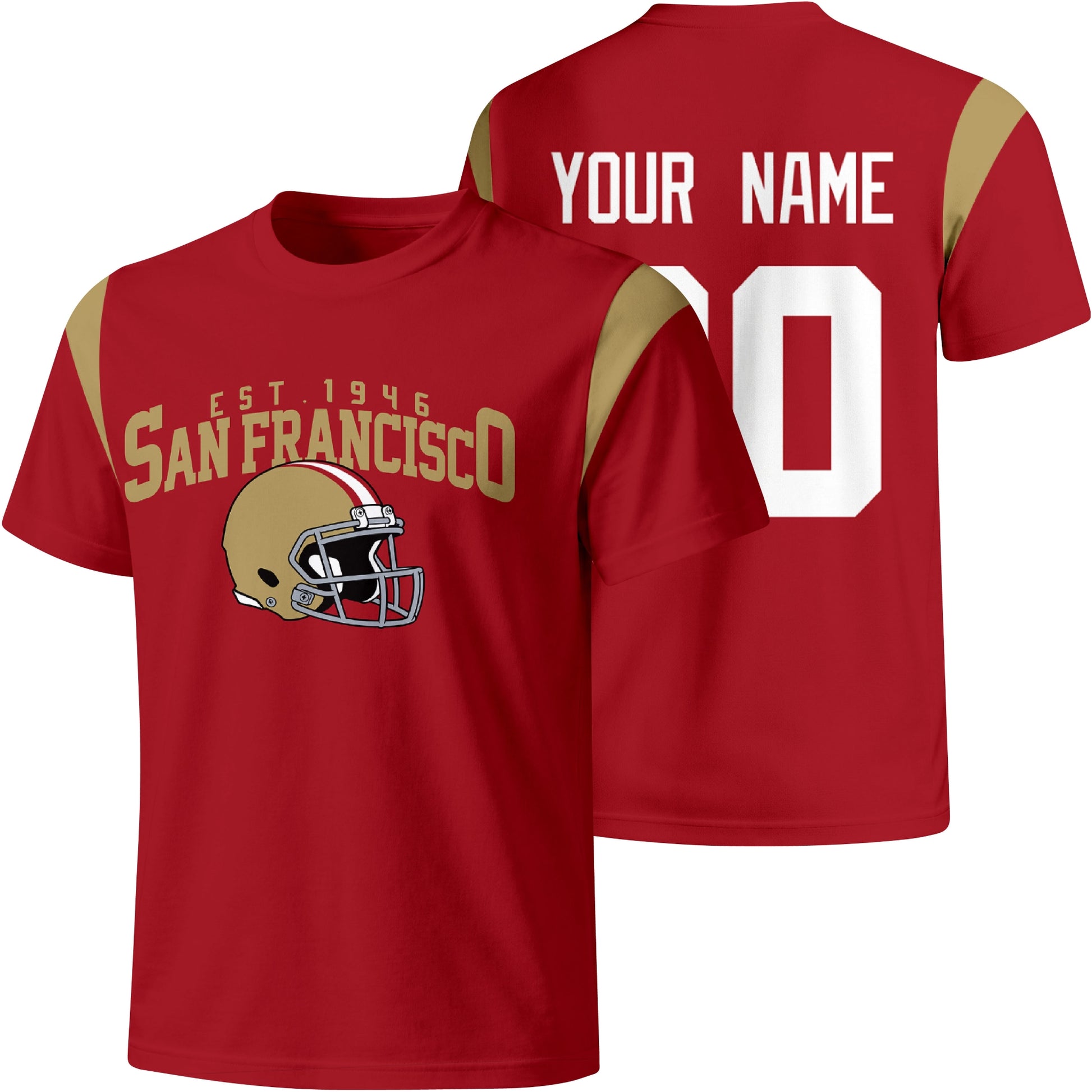 San Francisco personalized varsity football T shirt in Scarlet showing front helmet design and back custom name and number