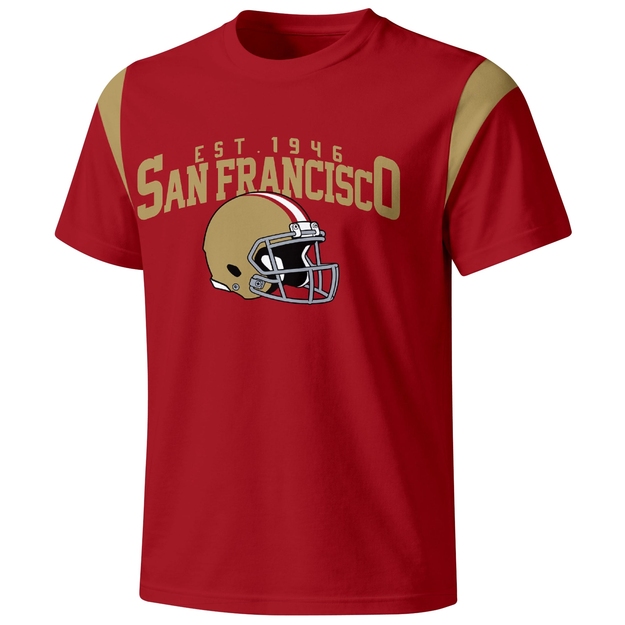 San Francisco varsity football T shirt in Scarlet showing the front city helmet design and contrast shoulder panels