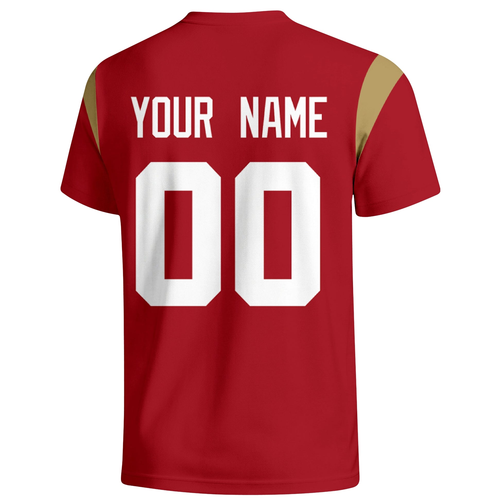 San Francisco personalized varsity football T shirt in Scarlet showing the back custom name and number