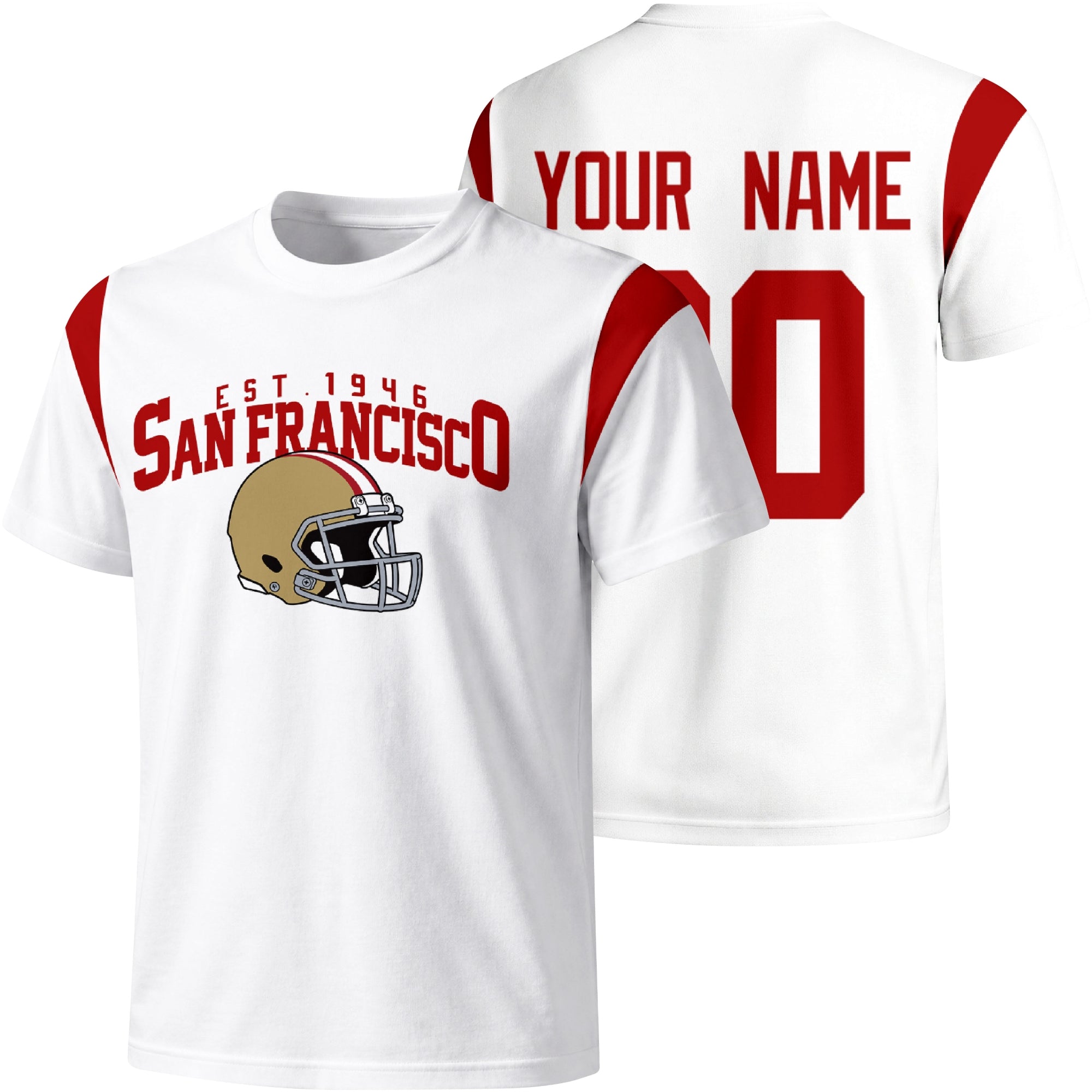 San Francisco personalized varsity football T shirt in White showing front helmet design and back custom name and number