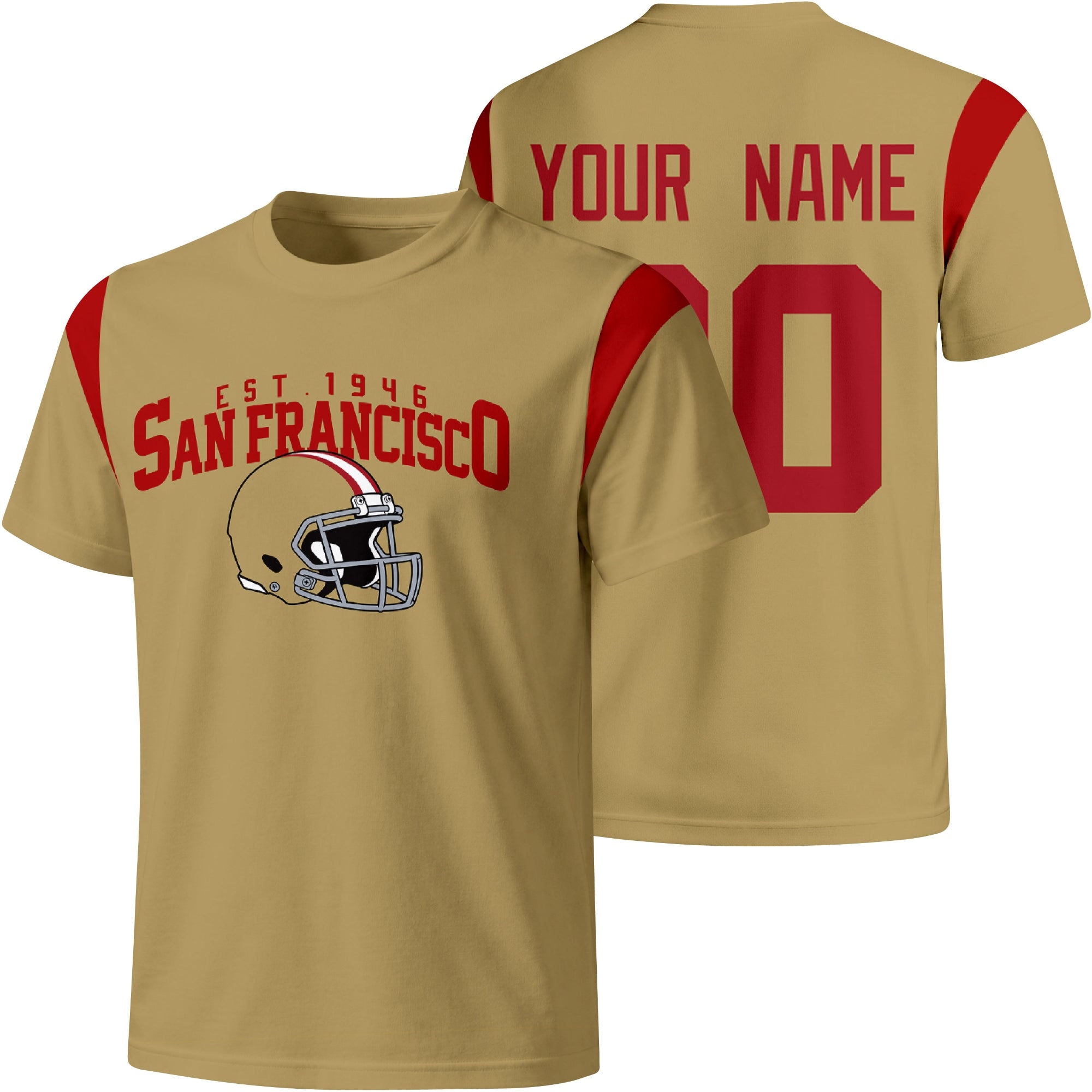 San Francisco personalized varsity football T shirt in Gold showing front helmet design and back custom name and number