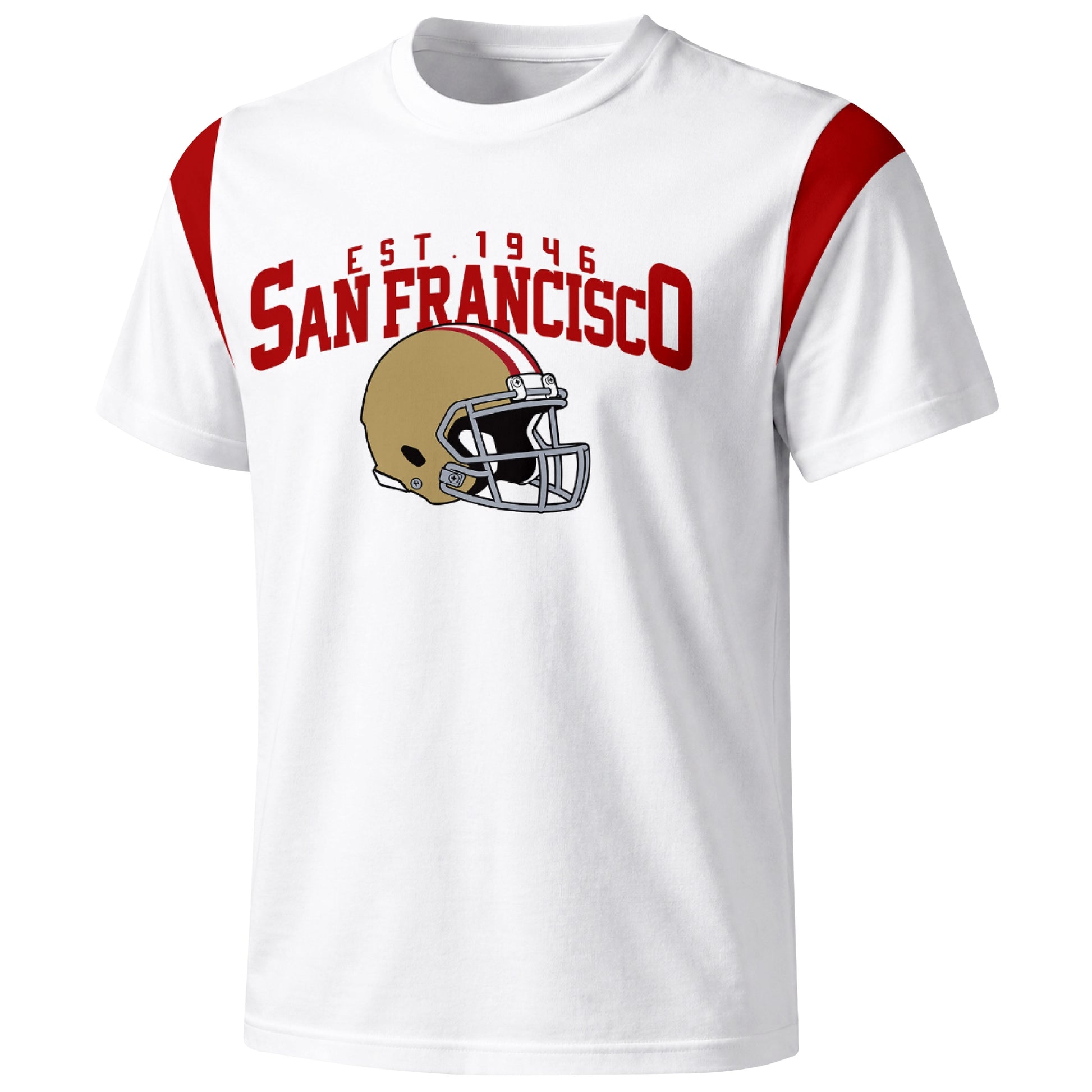 San Francisco varsity football T shirt in White showing the front city helmet design and contrast shoulder panels
