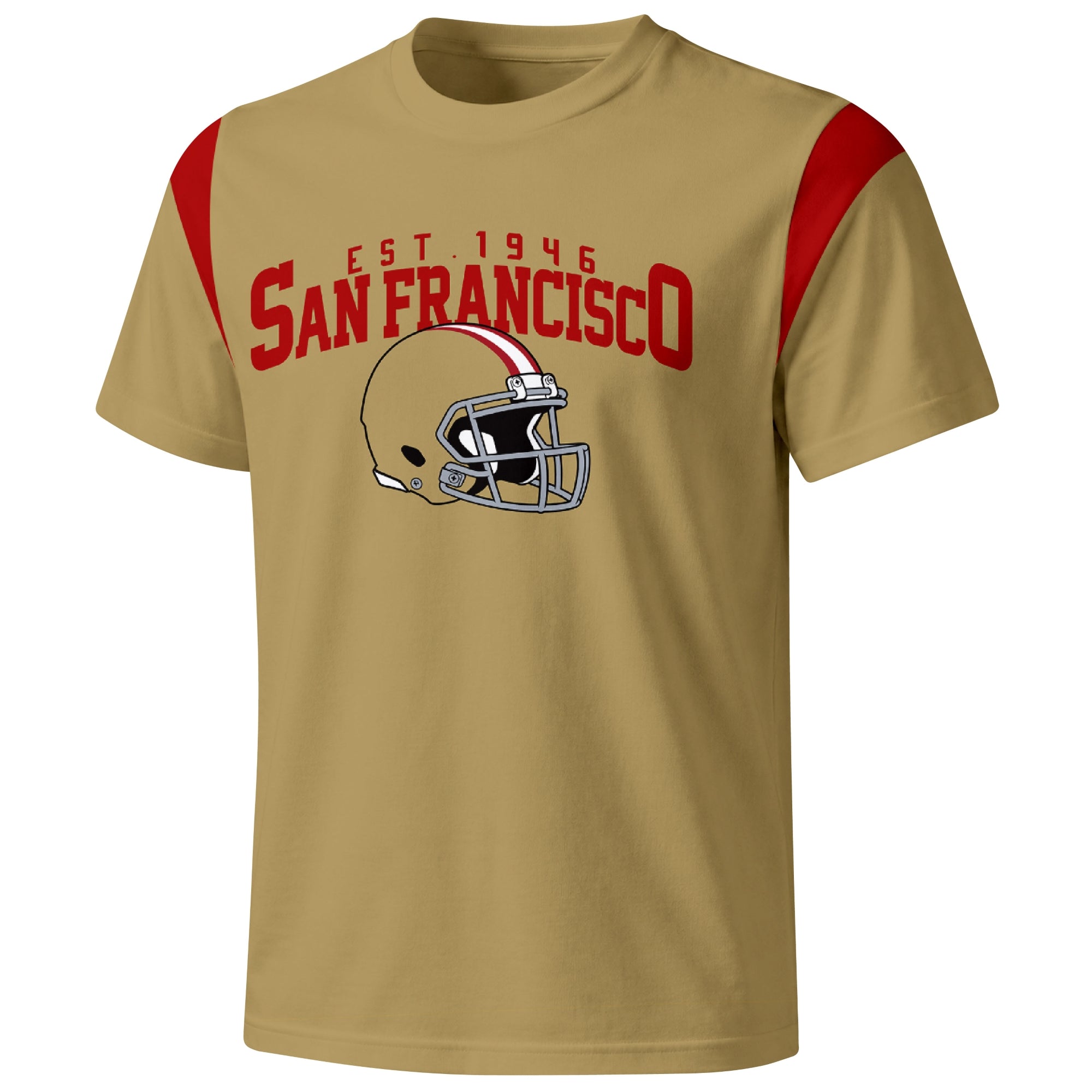 San Francisco varsity football T shirt in Gold showing the front city helmet design and contrast shoulder panels