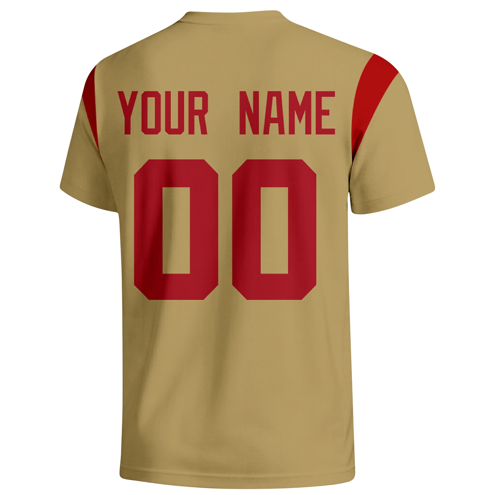 San Francisco personalized varsity football T shirt in Gold showing the back custom name and number