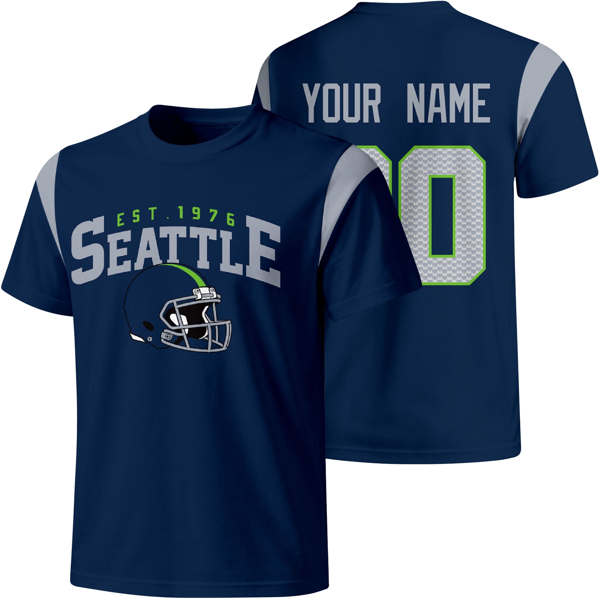 Seattle personalized varsity football T shirt in Navy showing front helmet design and back custom name and number