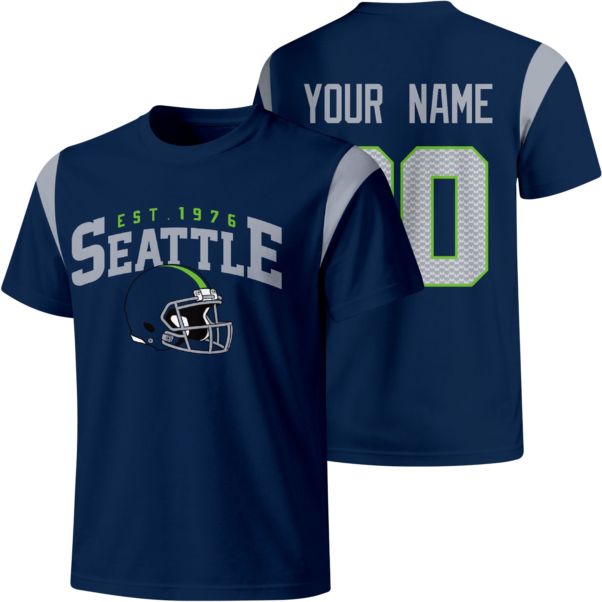 Seattle personalized varsity football T shirt in Navy showing front helmet design and back custom name and number