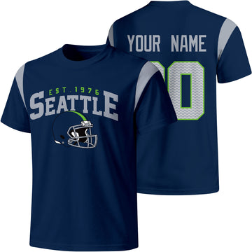 Seattle personalized varsity football T shirt in Navy showing front helmet design and back custom name and number