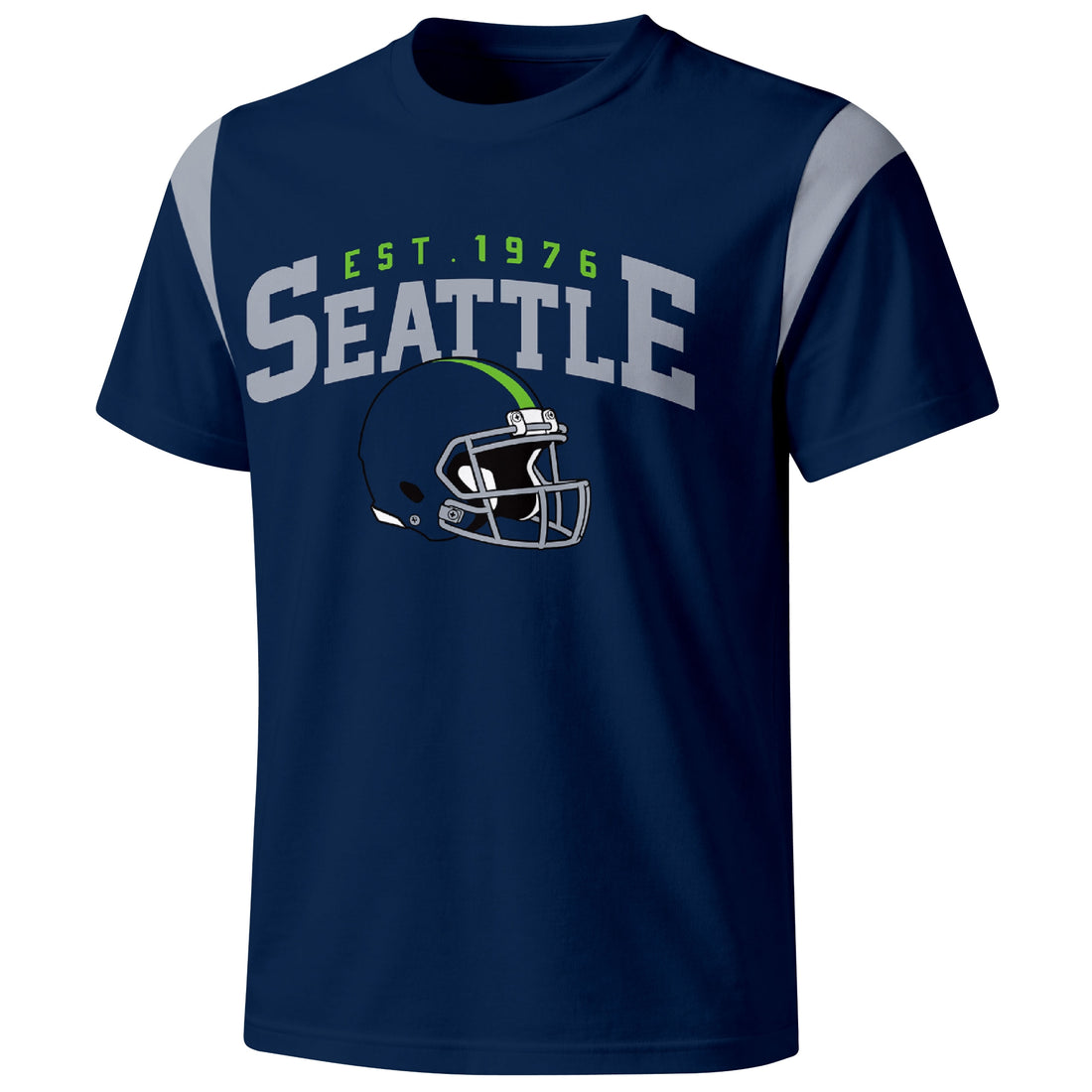 Seattle personalized varsity football T shirt in Navy showing front helmet design and back custom name and number
