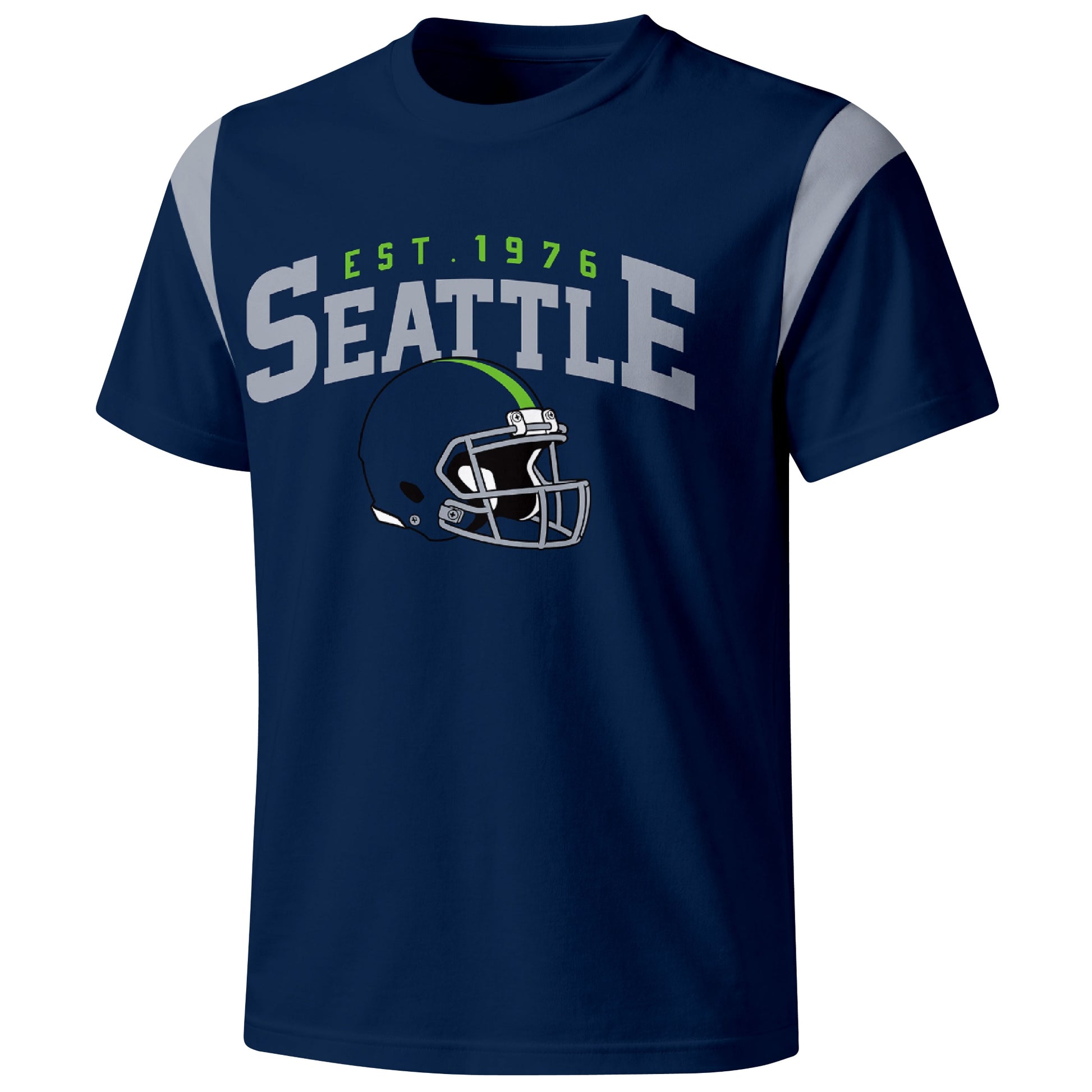 Seattle varsity football T shirt in Navy showing the front city helmet design and contrast shoulder panels