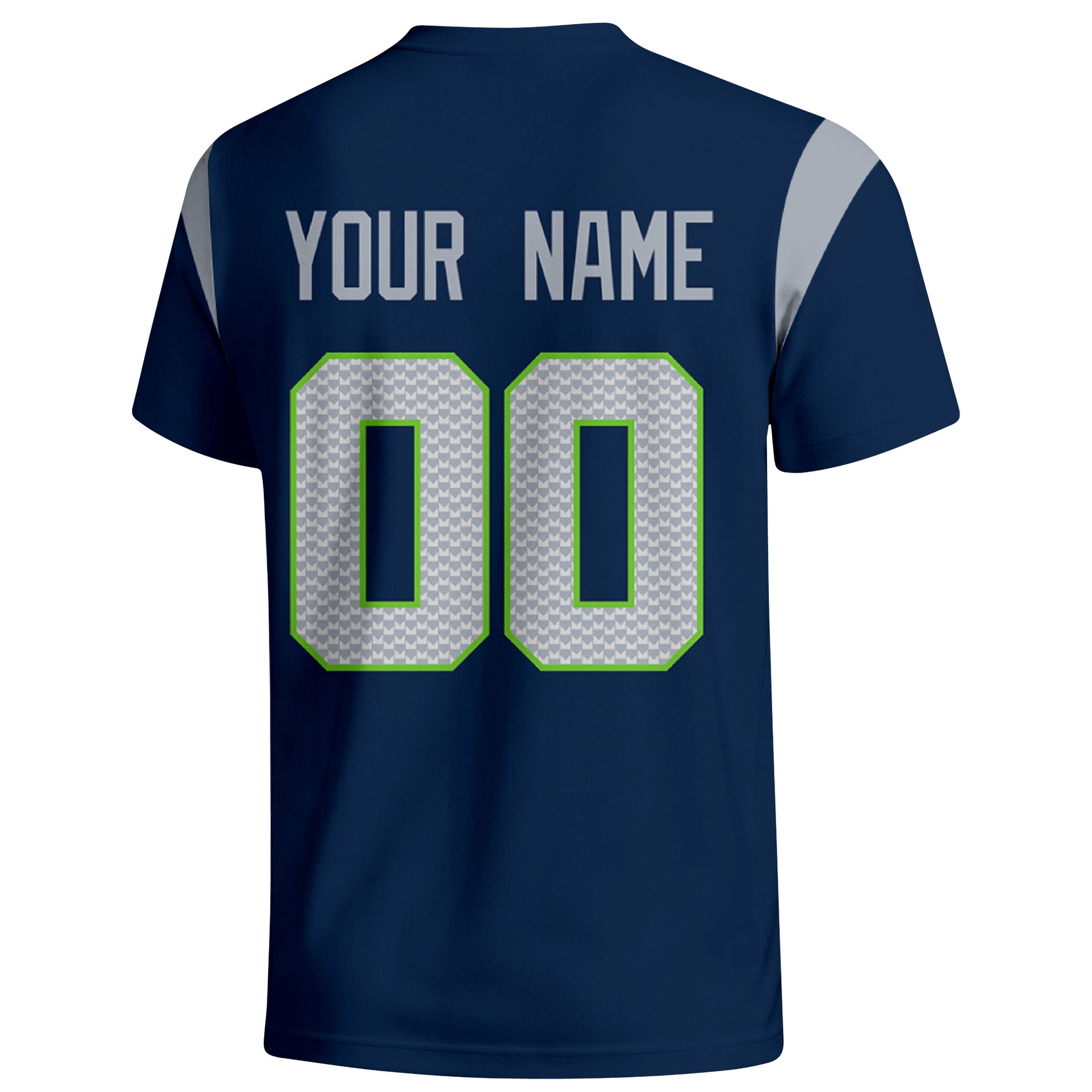 Seattle personalized varsity football T shirt in Navy showing the back custom name and number