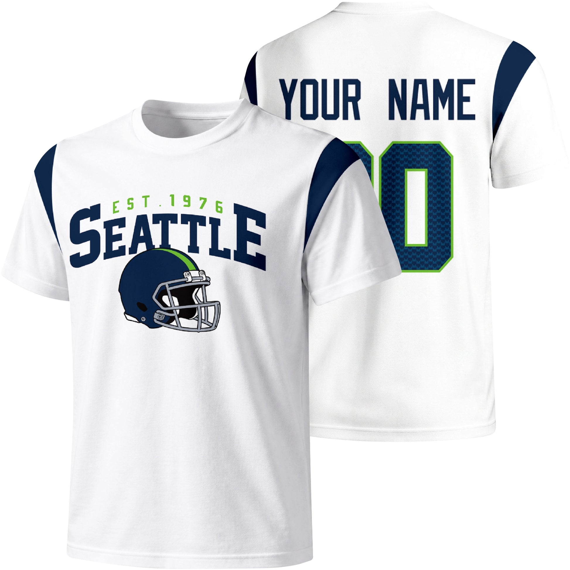 Seattle personalized varsity football T shirt in White showing front helmet design and back custom name and number