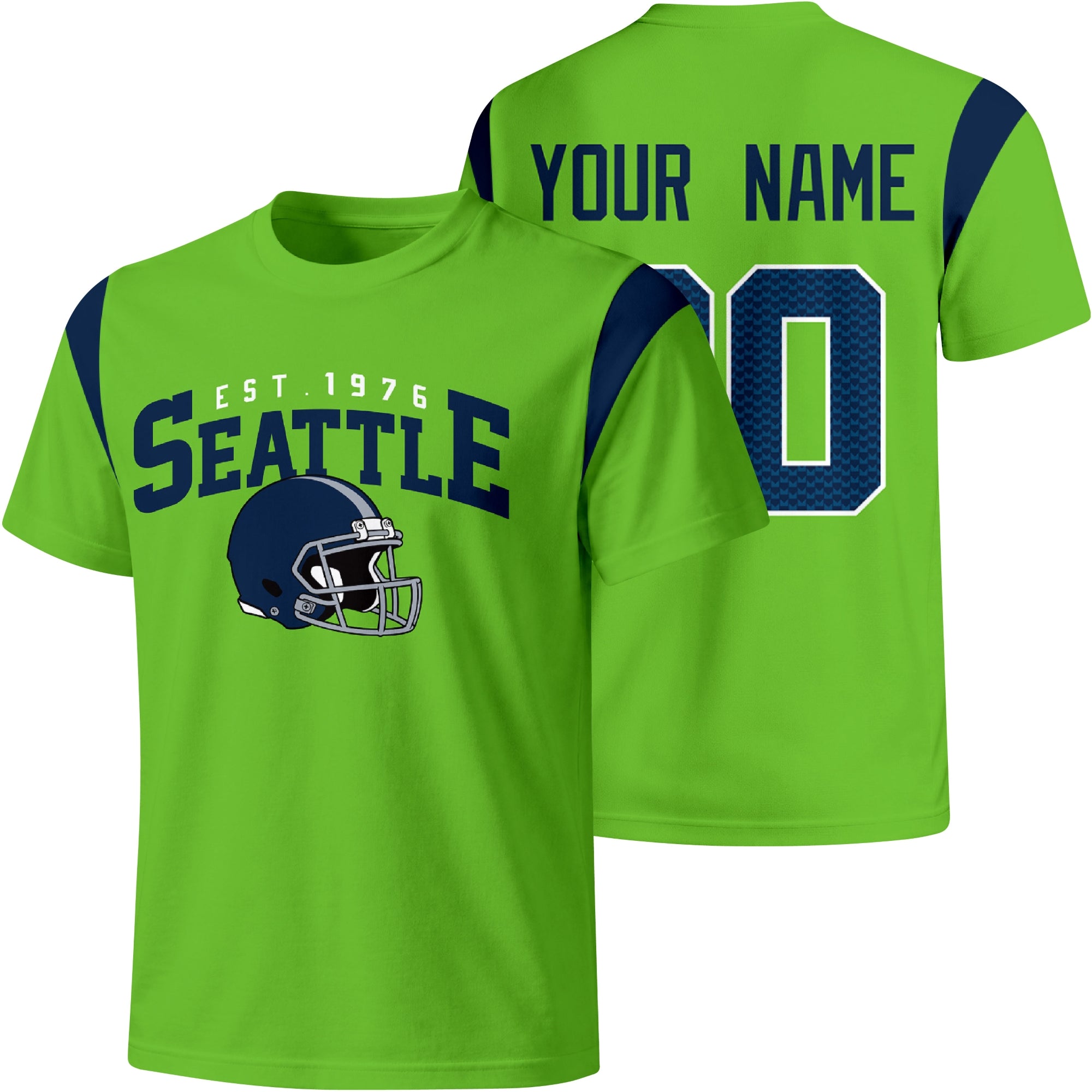 Seattle personalized varsity football T shirt in Neon Green showing front helmet design and back custom name and number
