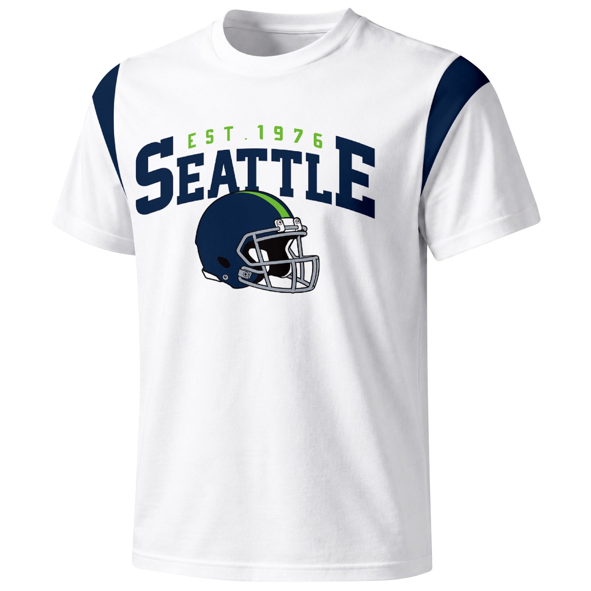 Seattle varsity football T shirt in White showing the front city helmet design and contrast shoulder panels