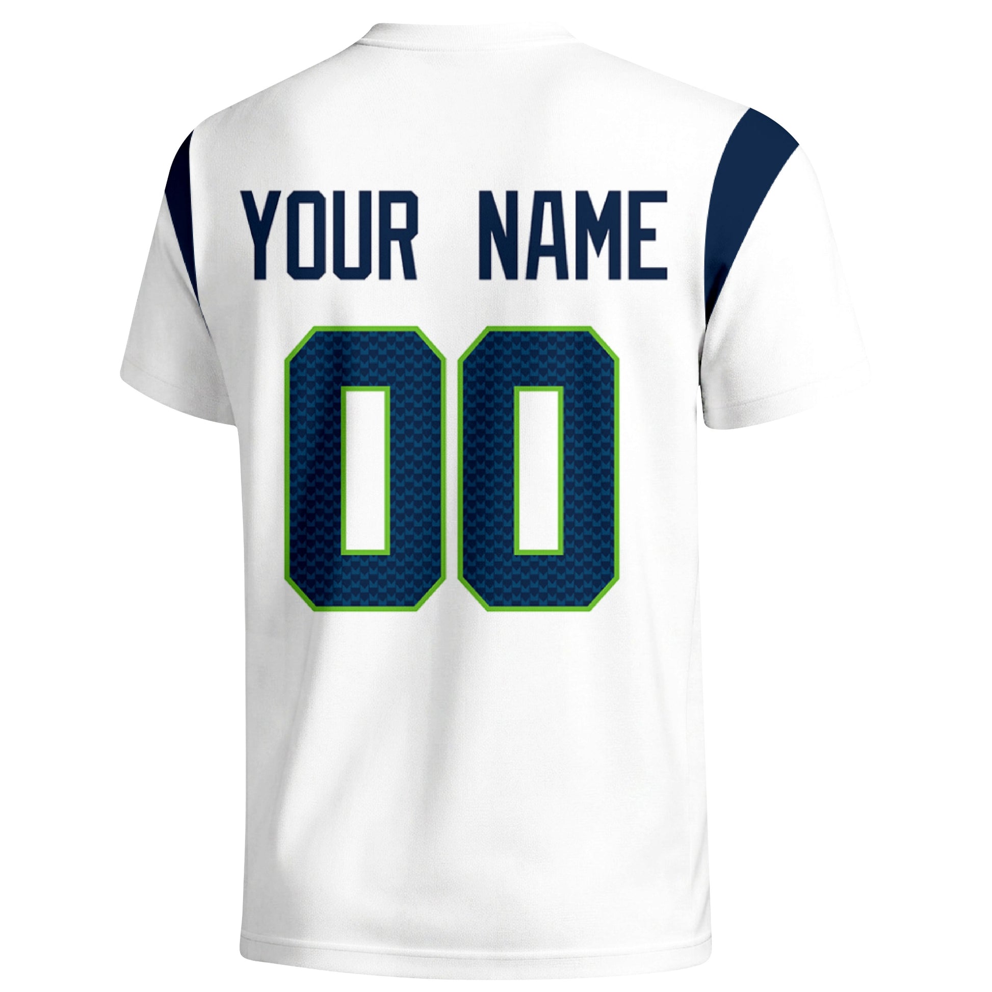 Seattle personalized varsity football T shirt in White showing the back custom name and number