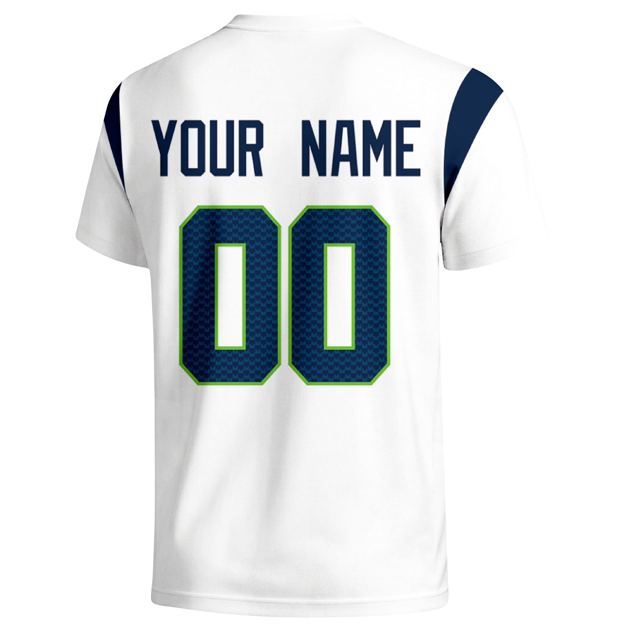 Seattle personalized varsity football T shirt in White showing the back custom name and number