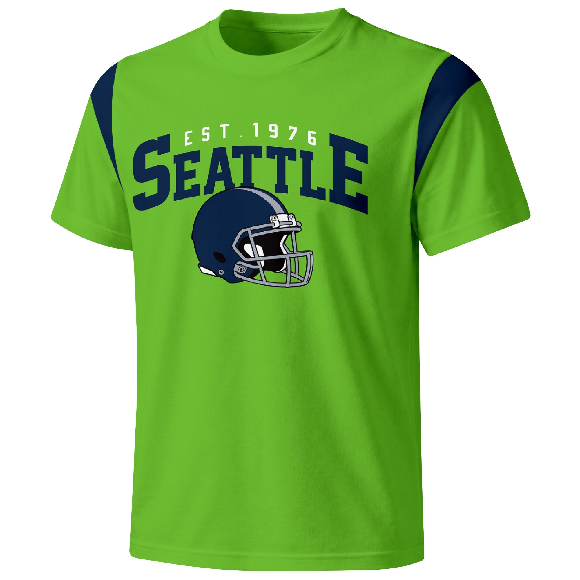 Seattle varsity football T shirt in Neon Green showing the front city helmet design and contrast shoulder panels