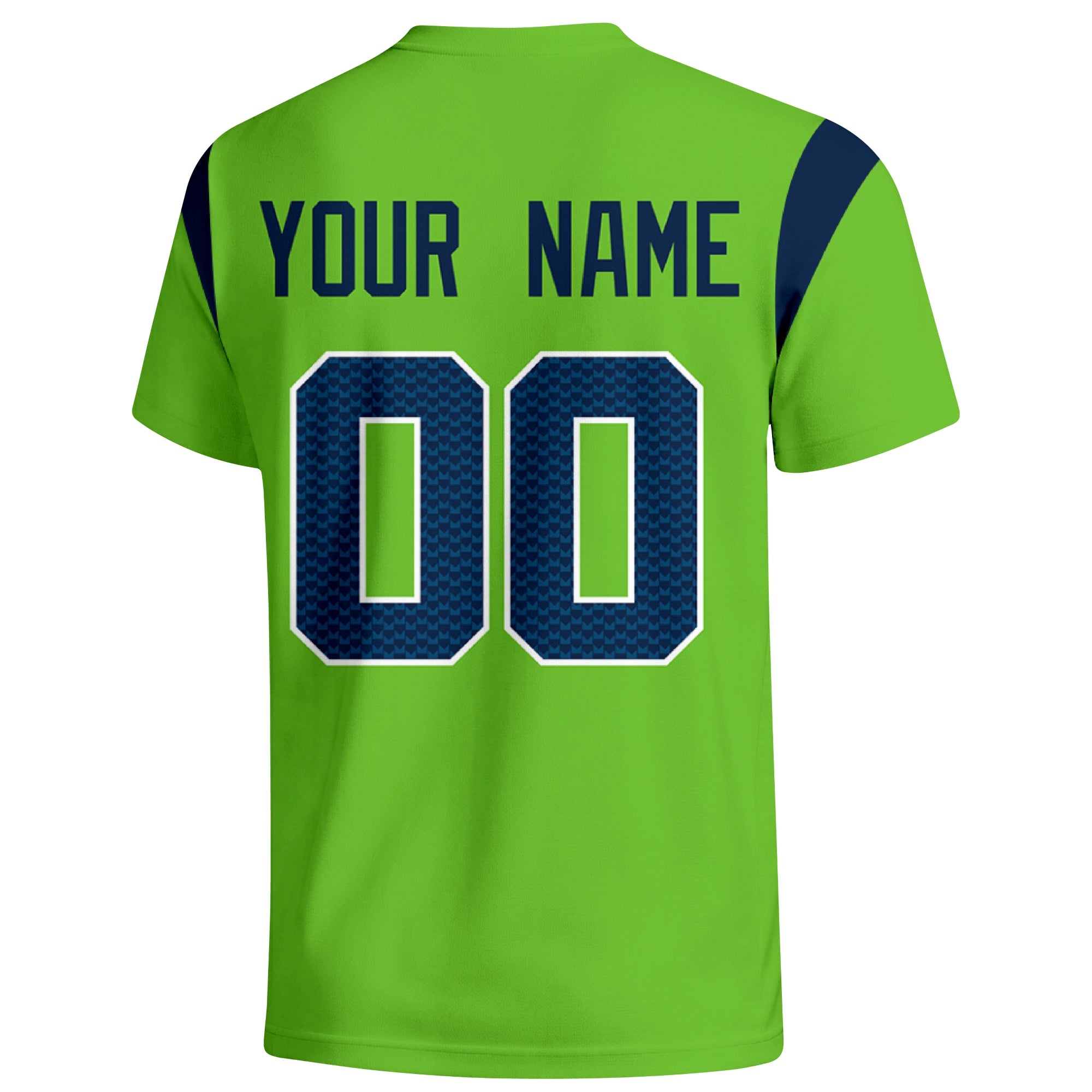 Seattle personalized varsity football T shirt in Neon Green showing the back custom name and number