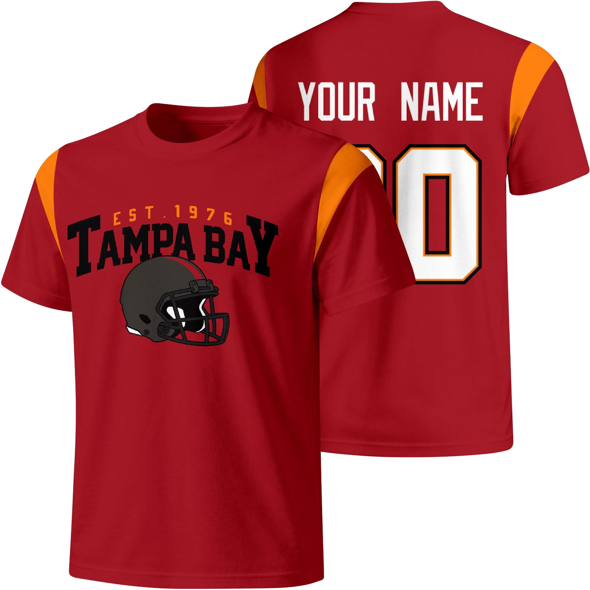 Tampa Bay personalized varsity football T shirt in Red showing front helmet design and back custom name and number