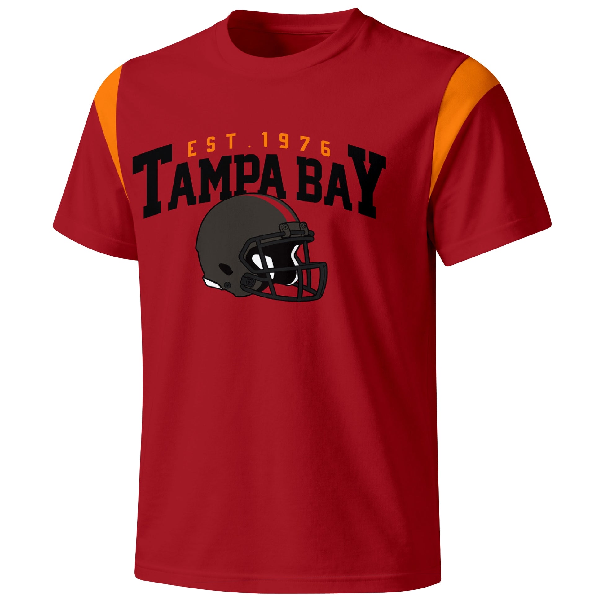 Tampa Bay varsity football T shirt in Red showing the front city helmet design and contrast shoulder panels