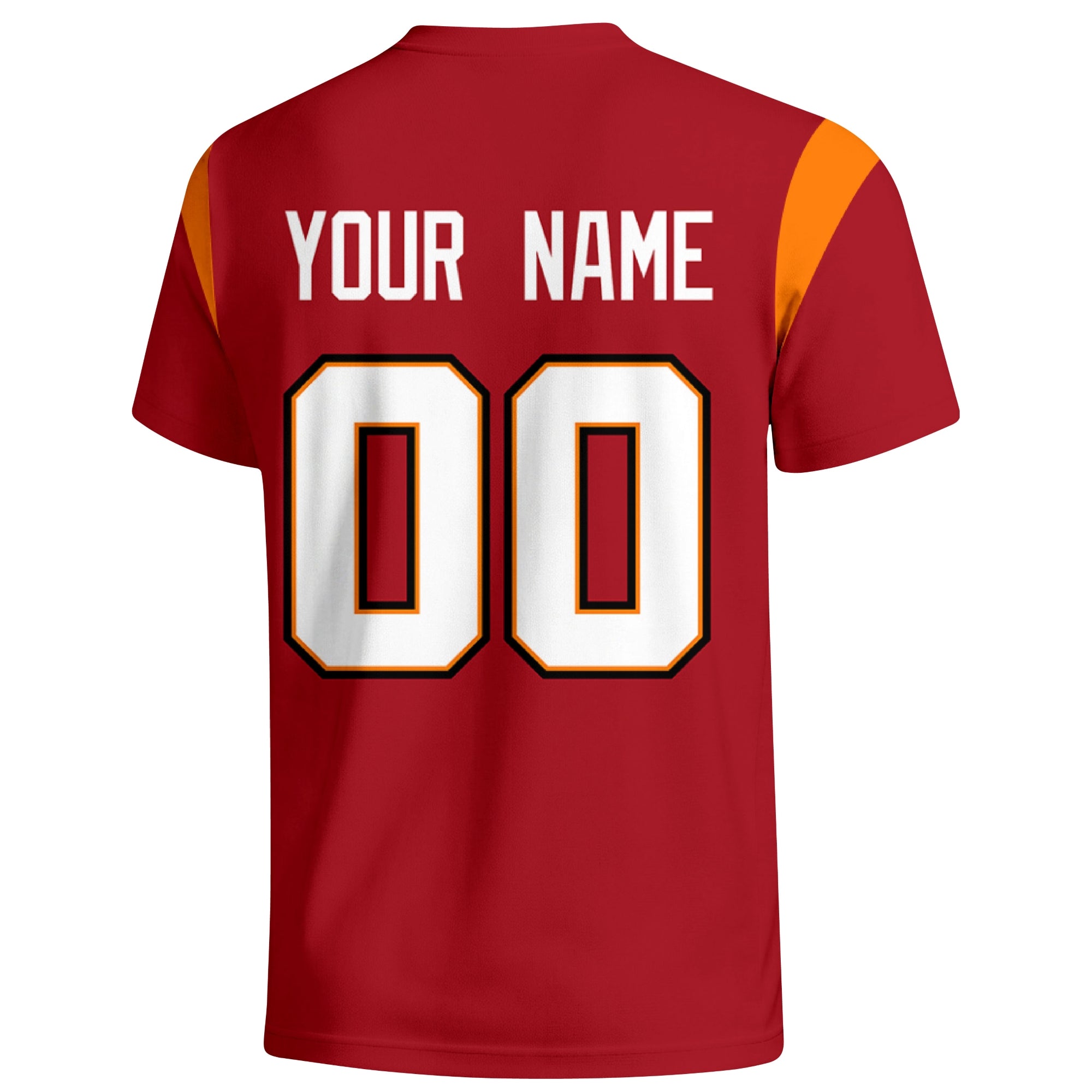 Tampa Bay personalized varsity football T shirt in Red showing the back custom name and number